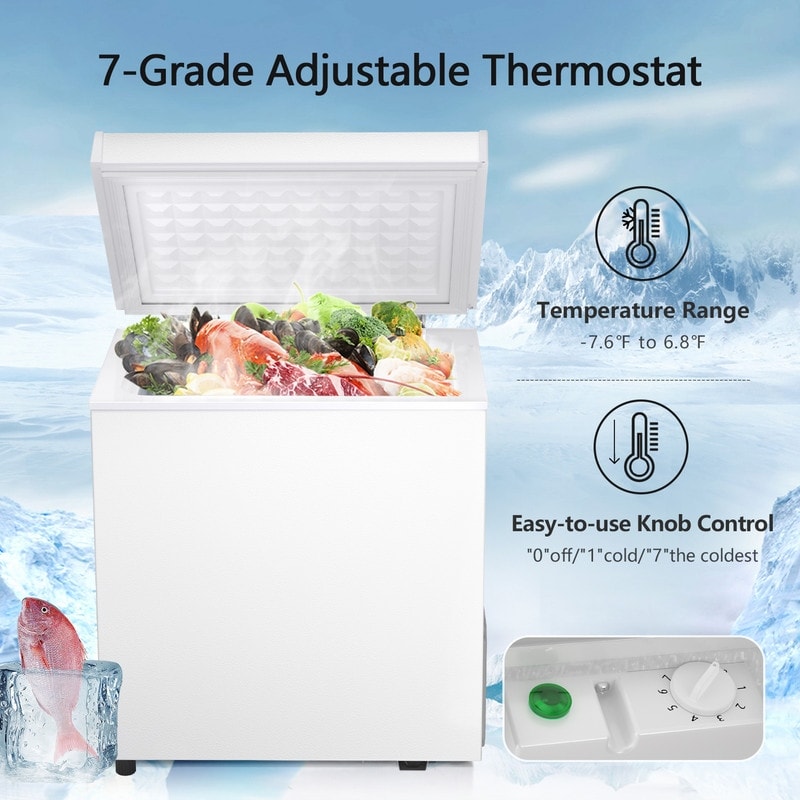 Congélateur coffre de 1,8 pi³ avec panier amovible, vidange par le bas, thermostat à 7 niveaux, conception autonome pour maison et appartement