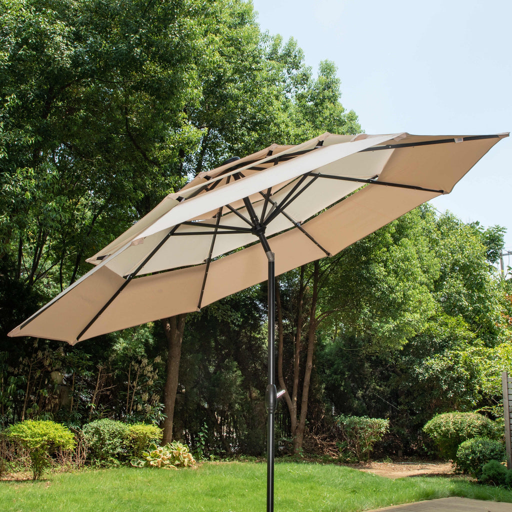 Parasol de terrasse inclinable à 3 niveaux de 10 pieds de MAISON ARTS, parasol d'extérieur à double ventilation avec lumières LED