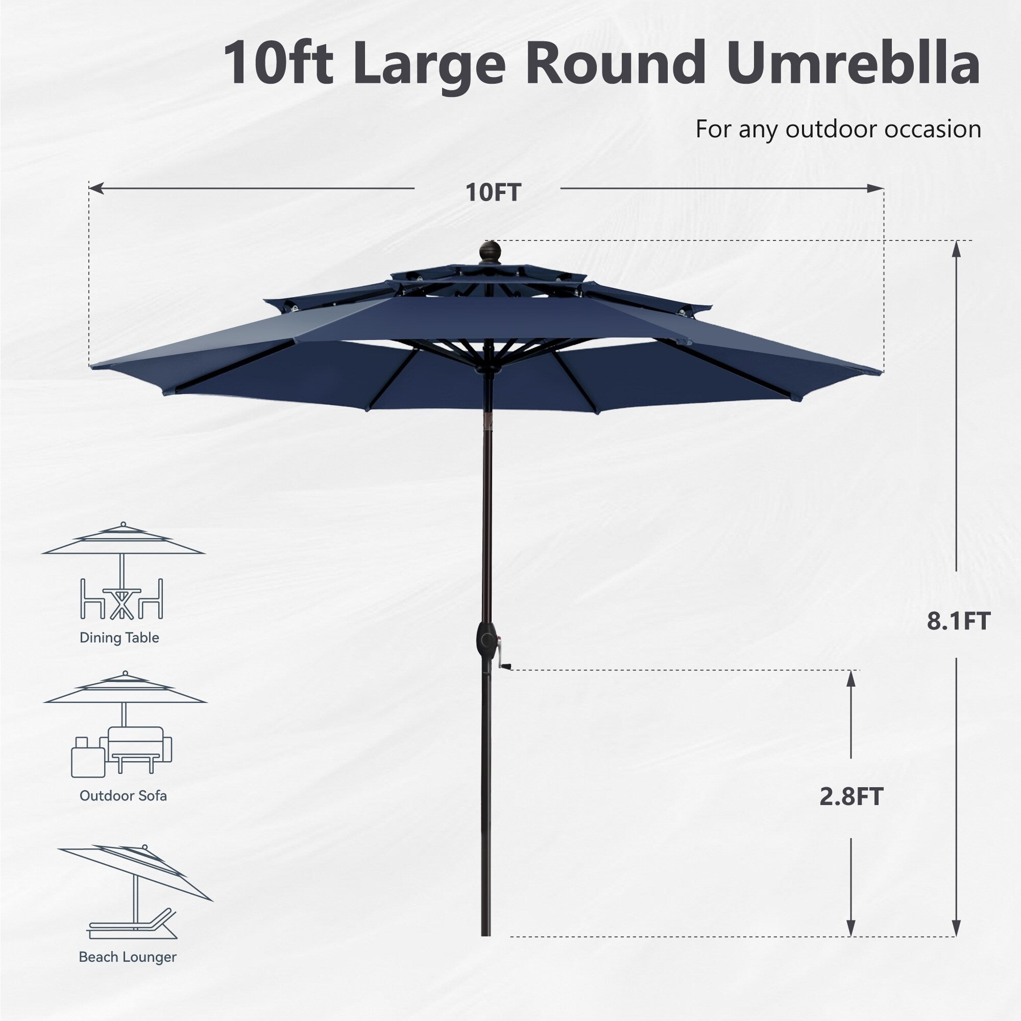 Parasol de terrasse inclinable à 3 niveaux de 10 pieds de MAISON ARTS, parasol d'extérieur à double ventilation avec lumières LED