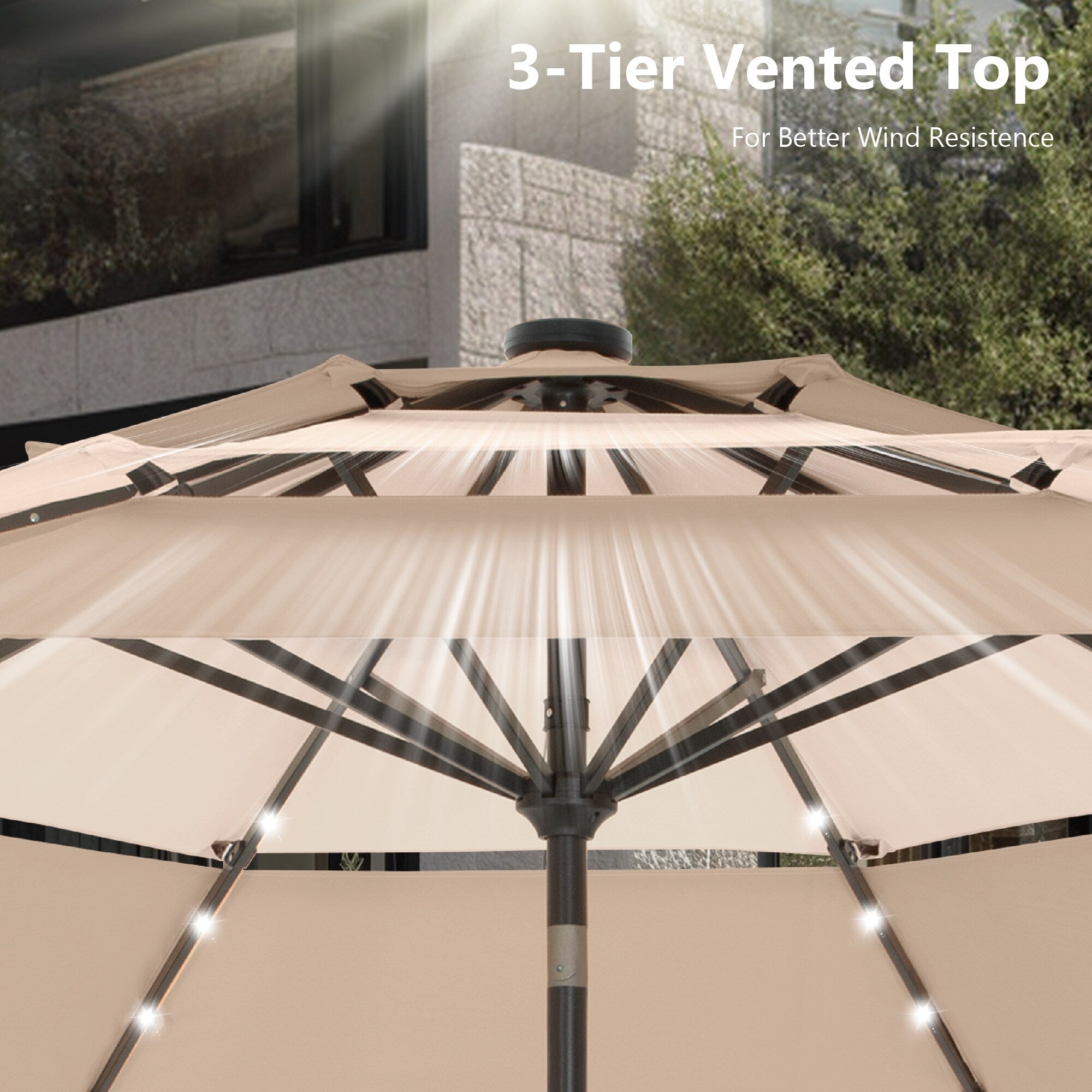Parasol de terrasse inclinable à 3 niveaux de 10 pieds de MAISON ARTS, parasol d'extérieur à double ventilation avec lumières LED