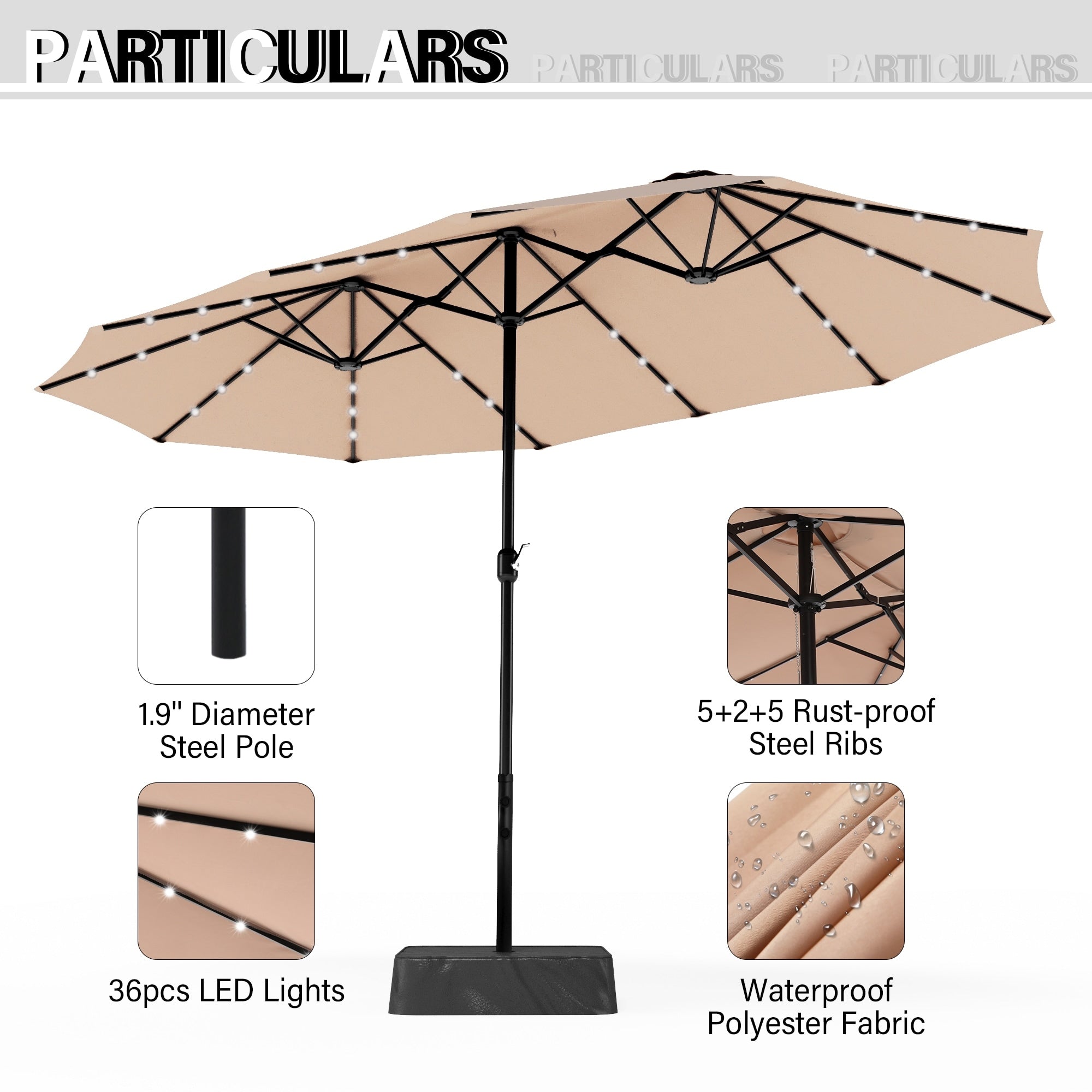 Parasol de marché extérieur rectangulaire à manivelle double face de 15 pieds, parasol de patio éclairé par LED solaire avec base incluse