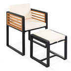 Ensemble de salle à manger de patio en bois d'acacia 18 pièces, 8 chaises rembourrées, 8 poufs et 2 tables carrées