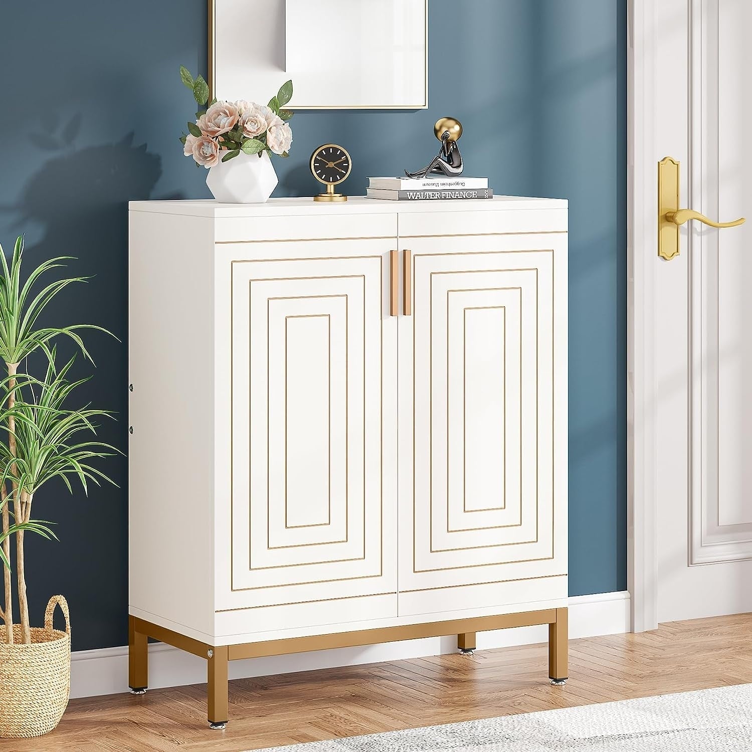 Meuble à chaussures moderne de 95 cm avec portes, blanc et doré, pour 20 paires de chaussures