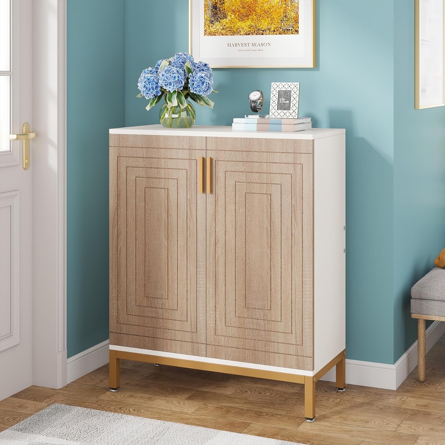 Meuble à chaussures moderne de 95 cm avec portes, blanc et doré, pour 20 paires de chaussures