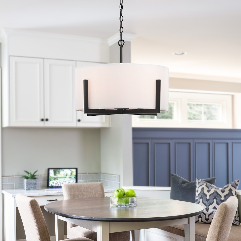 Lustre suspendu noir mat à 4 lumières de 22 po avec abat-jour tambour blanc - 22 W