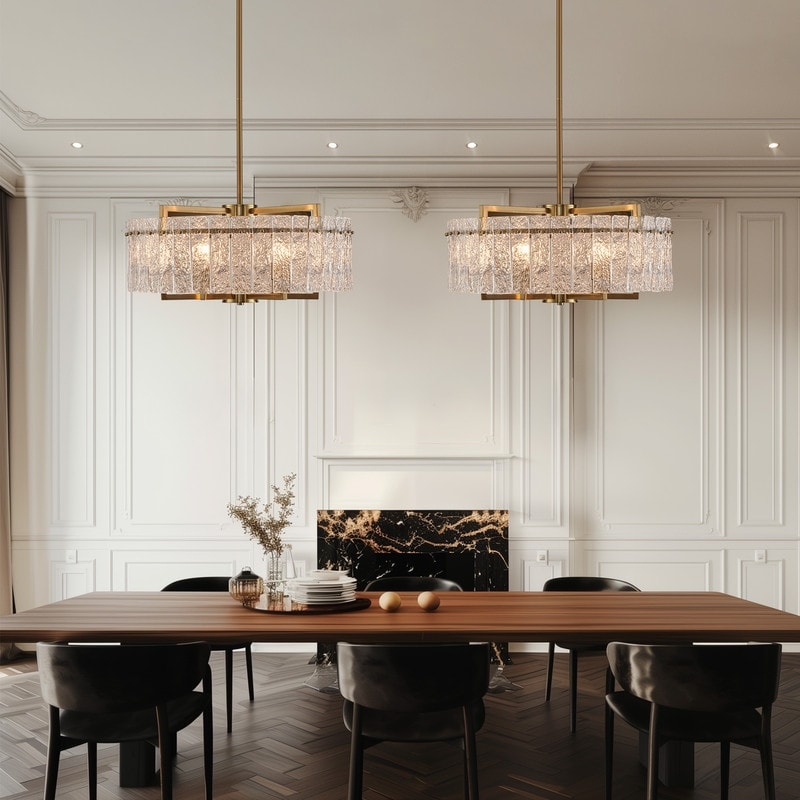 Lustre tambour moderne en cristal doré de 66 cm, 6 lumières, à intensité variable, style glamour, pour îlot de cuisine avec verre dépoli, pour salle à manger