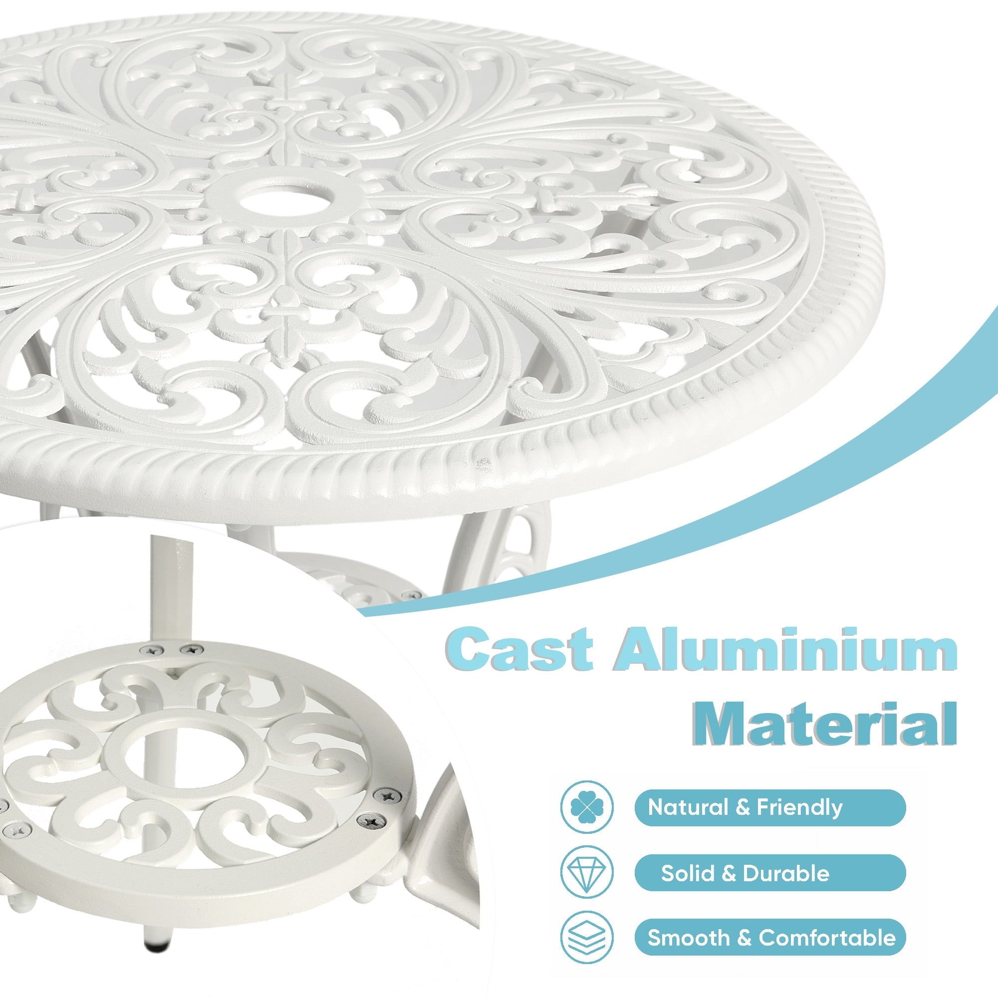 Ensemble de 3 tables et chaises papillon en aluminium pour patio extérieur avec trou pour parasol
