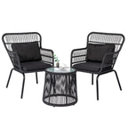 Ensemble de bistrot d'extérieur 3 pièces en osier, mobilier de jardin en rotin toutes saisons, chaises de patio avec coussins