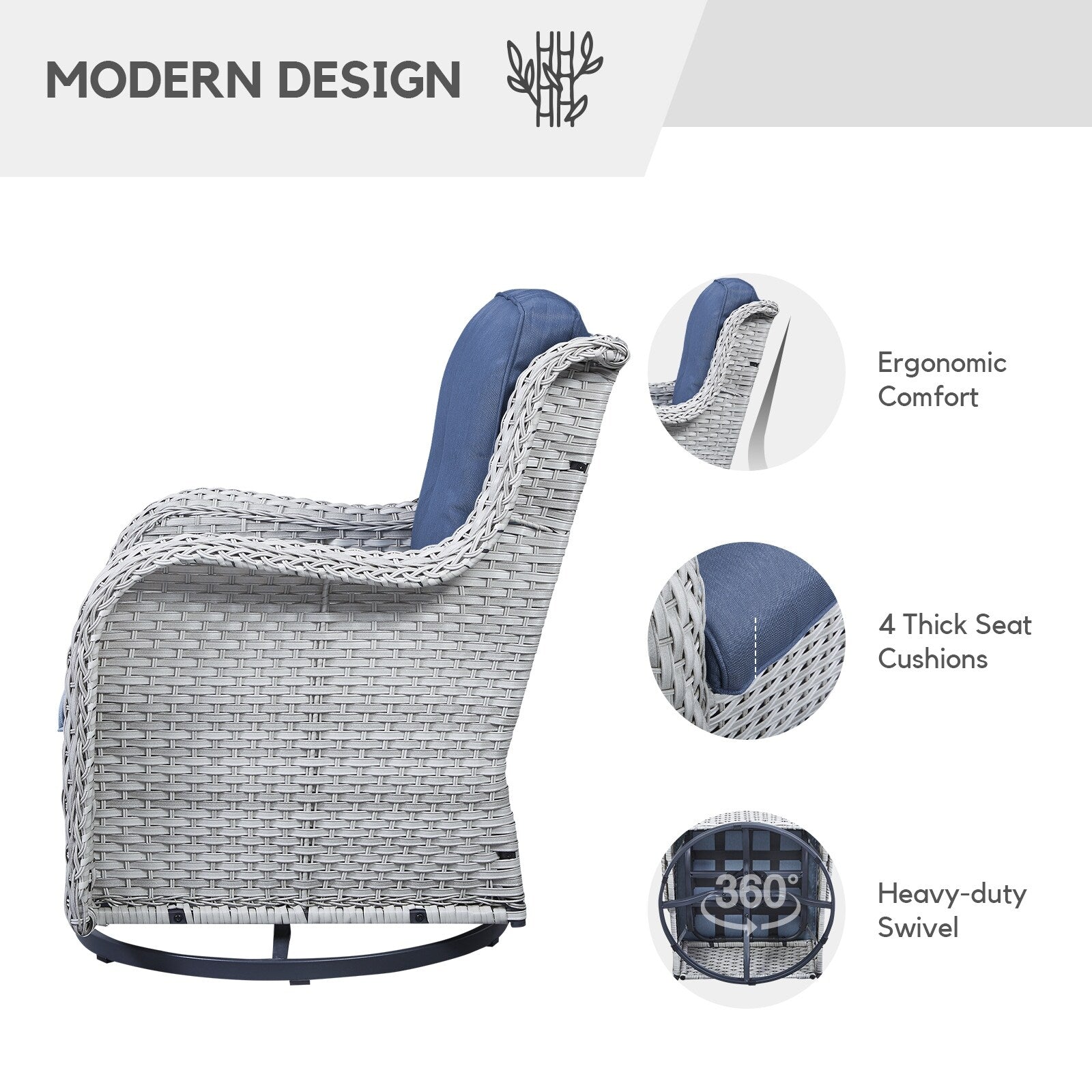 Fauteuil à bascule pivotant d'extérieur Gymojoy 3 pièces en osier avec coussin et table