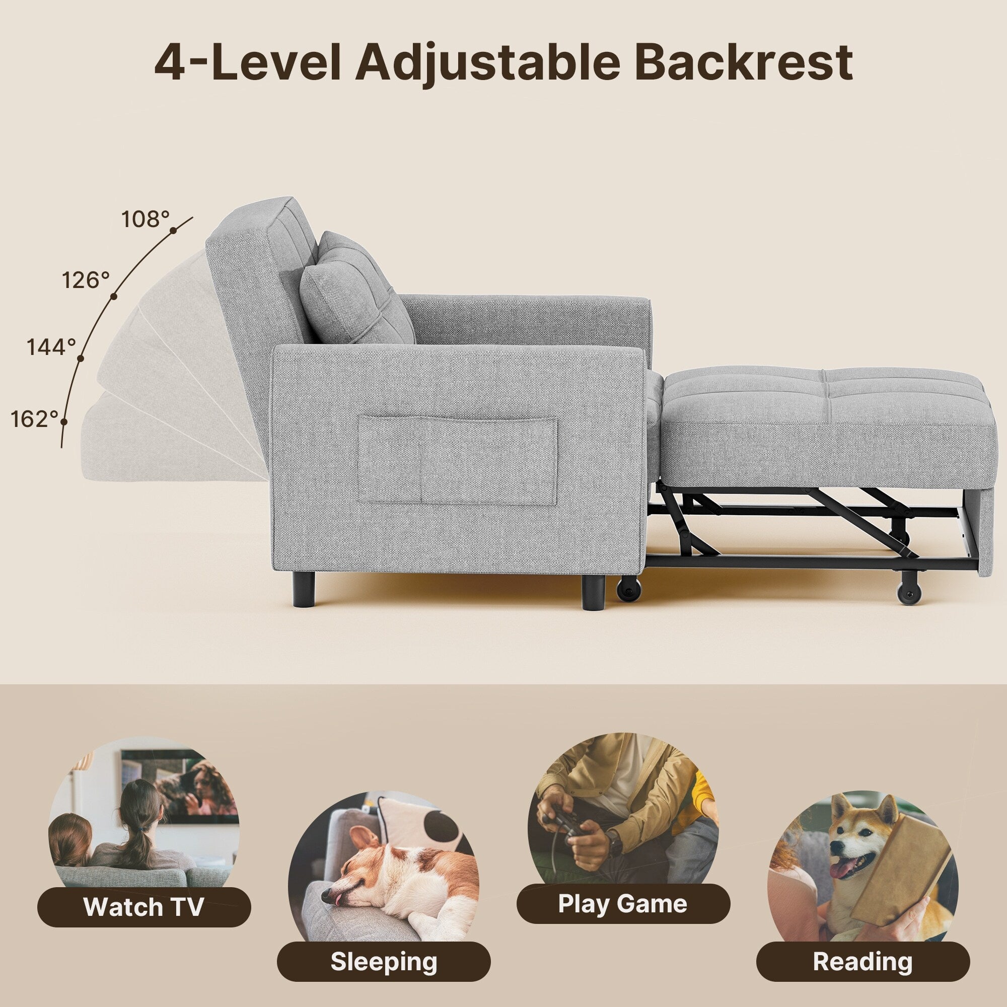Canapé-lit gigogne 3 en 1, convertible, réglable, pliable et rembourré