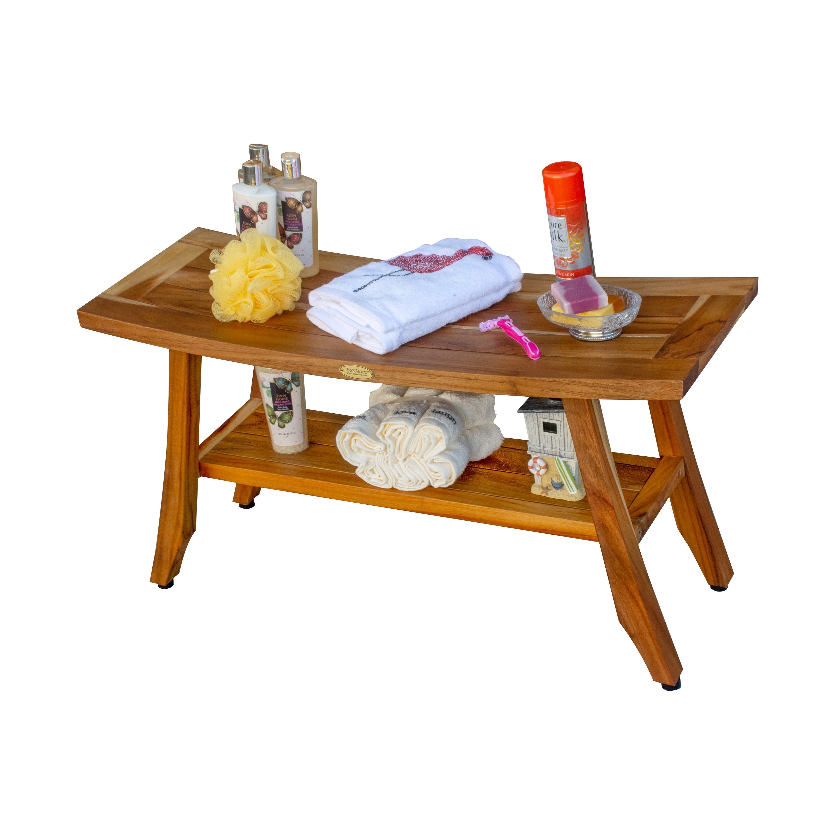 Banc de douche en teck EcoDecors Satori 86 cm, banc en bois, banc de salle de bain, sièges de douche pour adultes, tabouret de douche en teck