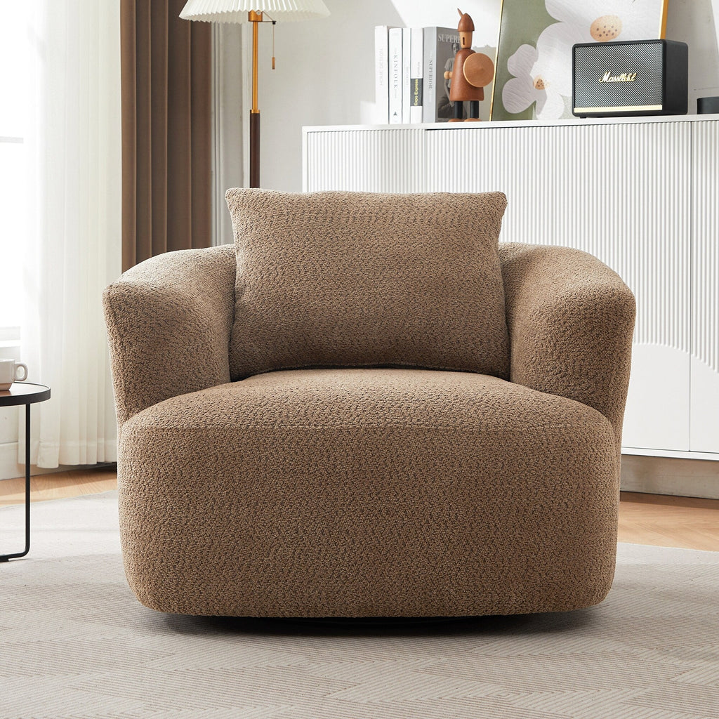 Fauteuil pivotant à 360°, fauteuil d'appoint Boucle 38,2" avec coussin décoratif, fauteuil rembourré en forme de tonneau avec accoudoirs incurvés