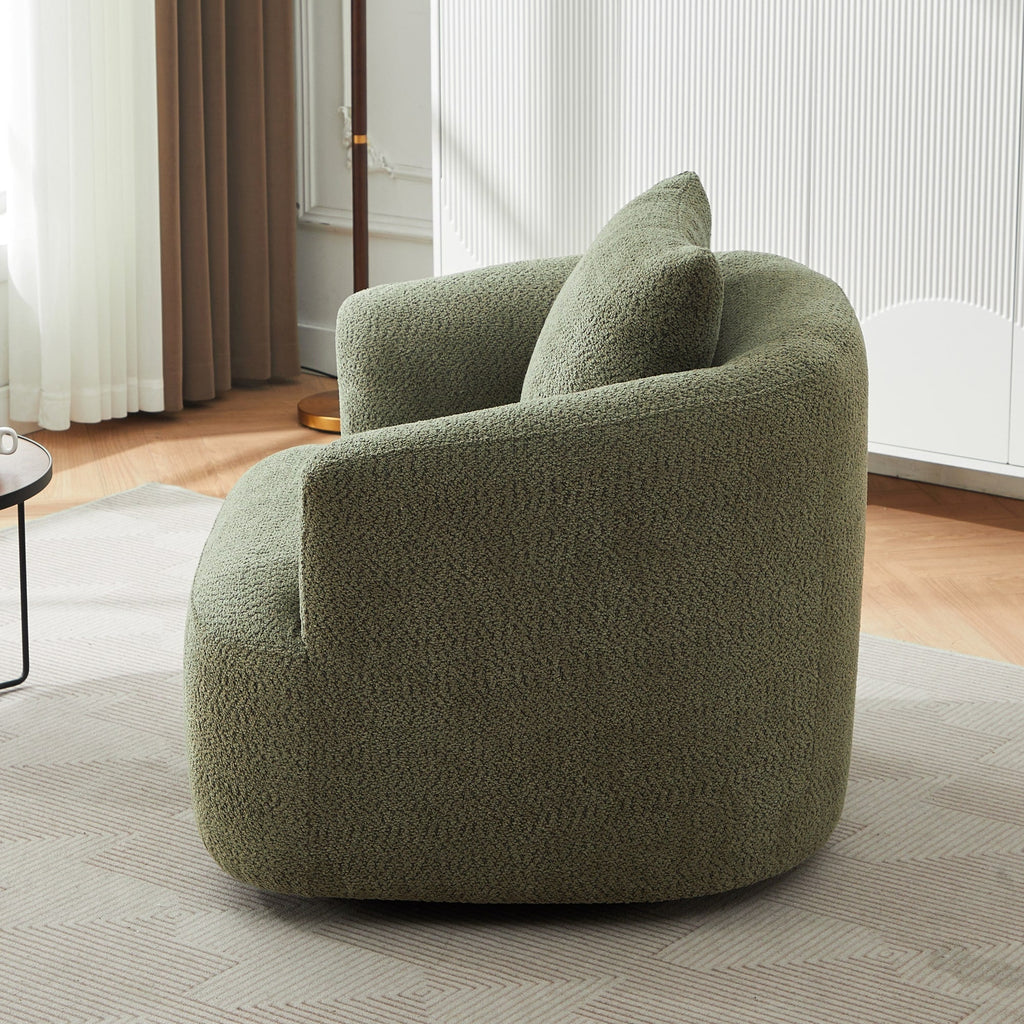 Fauteuil pivotant à 360°, fauteuil d'appoint Boucle 38,2" avec coussin décoratif, fauteuil rembourré en forme de tonneau avec accoudoirs incurvés