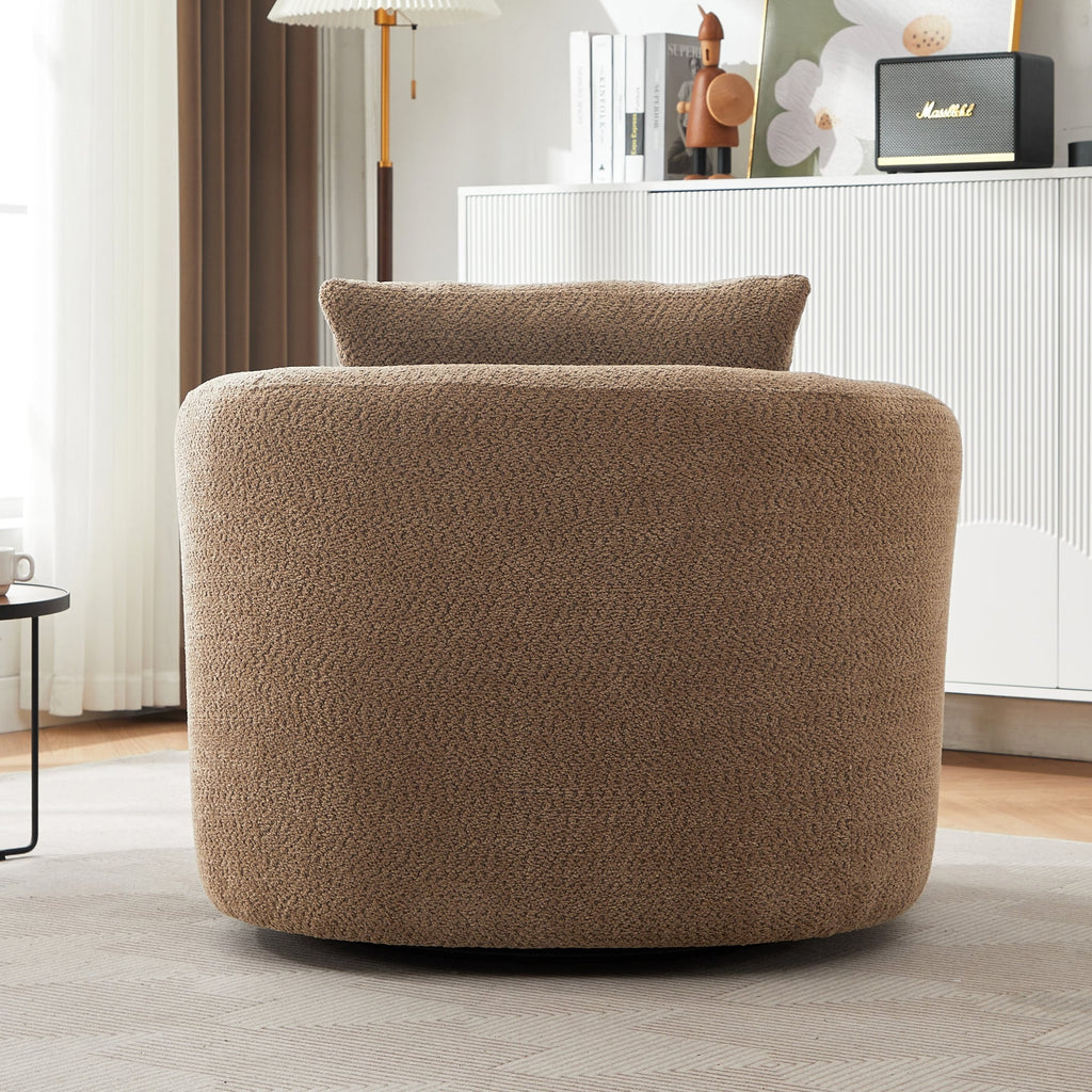 Fauteuil pivotant à 360°, fauteuil d'appoint Boucle 38,2" avec coussin décoratif, fauteuil rembourré en forme de tonneau avec accoudoirs incurvés