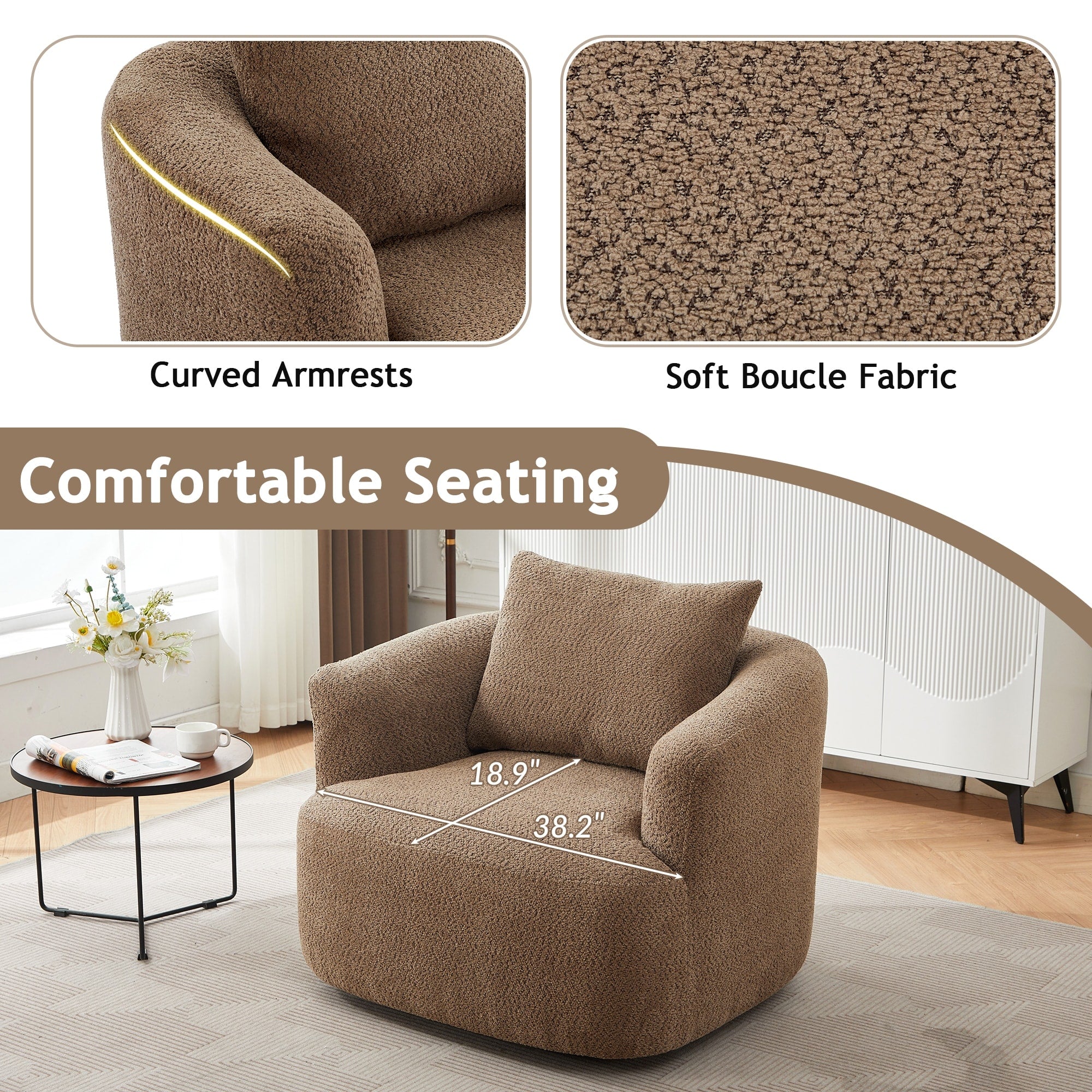 Fauteuil pivotant à 360°, fauteuil d'appoint Boucle 38,2" avec coussin décoratif, fauteuil rembourré en forme de tonneau avec accoudoirs incurvés