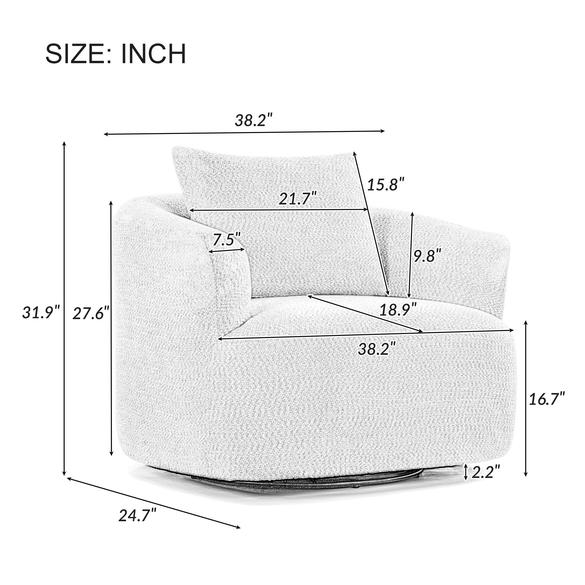 Fauteuil pivotant à 360°, fauteuil d'appoint Boucle 38,2" avec coussin décoratif, fauteuil rembourré en forme de tonneau avec accoudoirs incurvés
