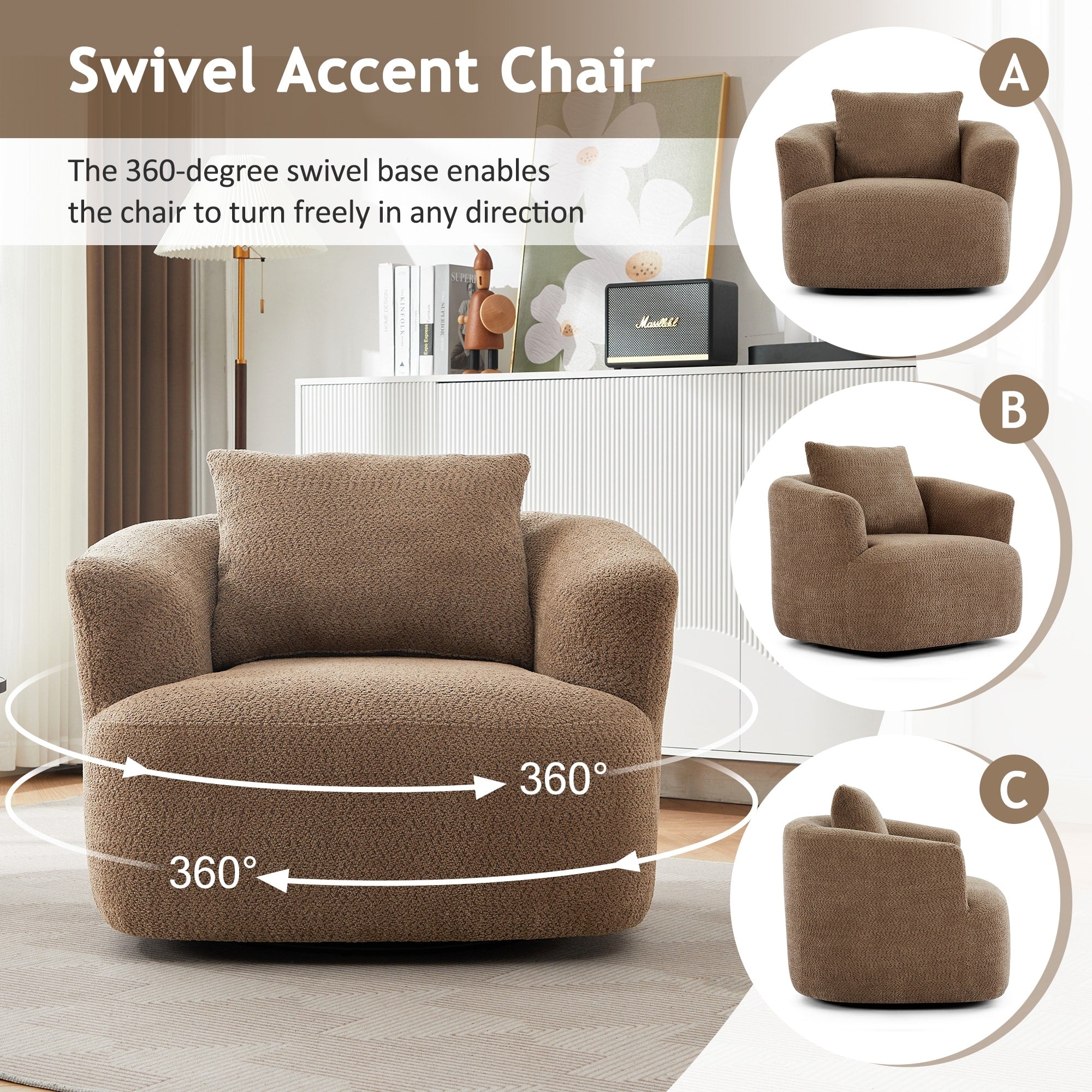 Fauteuil pivotant à 360°, fauteuil d'appoint Boucle 38,2" avec coussin décoratif, fauteuil rembourré en forme de tonneau avec accoudoirs incurvés