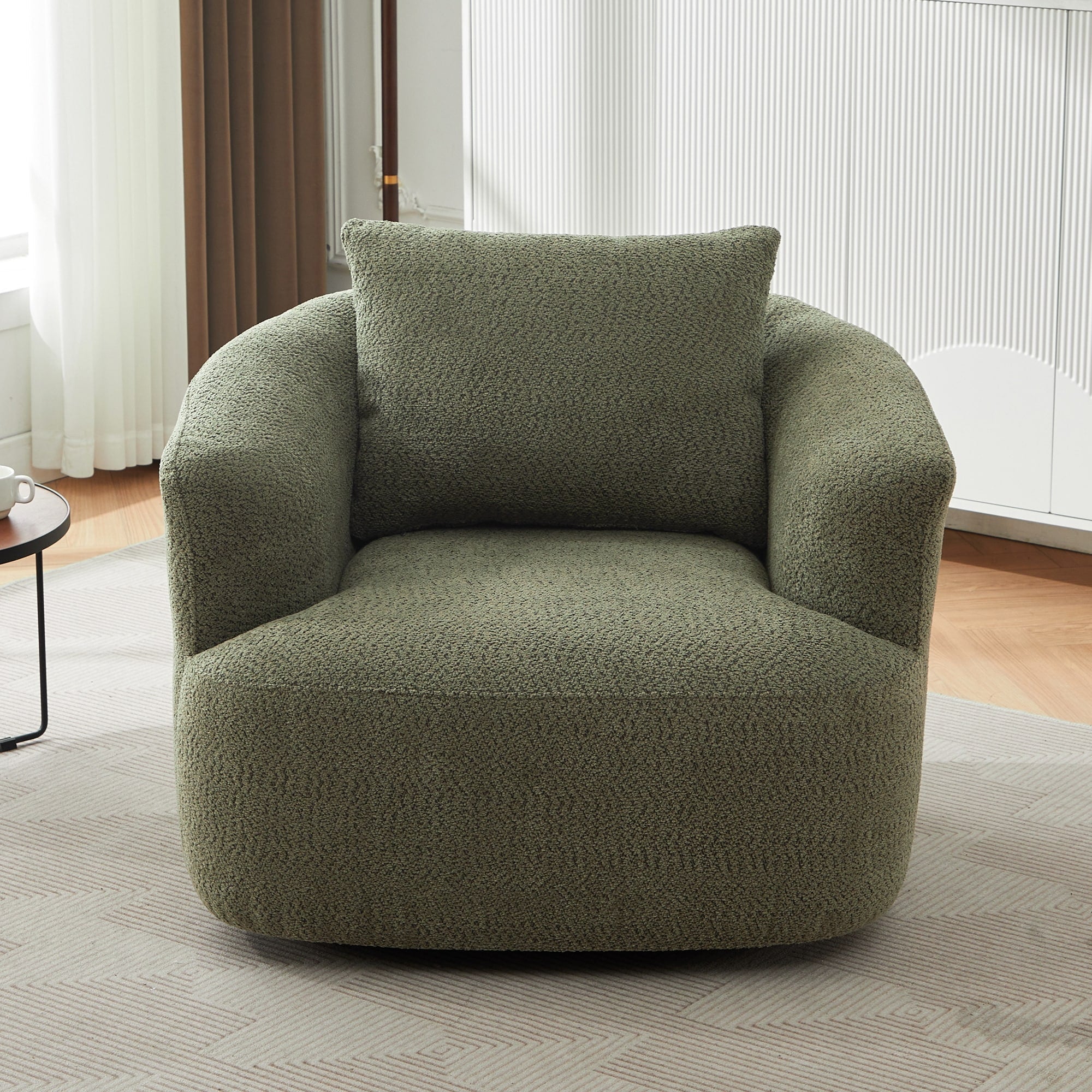 Fauteuil pivotant à 360°, fauteuil d'appoint Boucle 38,2" avec coussin décoratif, fauteuil rembourré en forme de tonneau avec accoudoirs incurvés