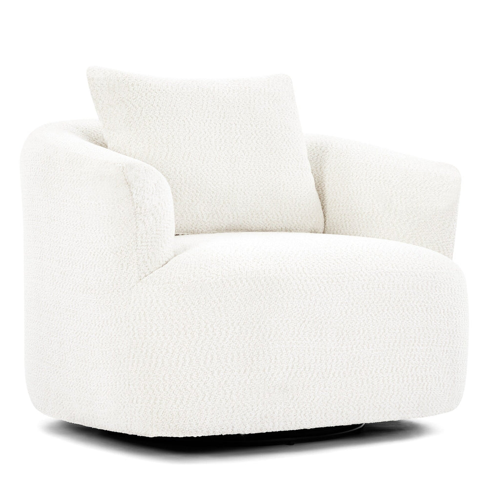 Fauteuil pivotant à 360°, fauteuil d'appoint Boucle 38,2" avec coussin décoratif, fauteuil rembourré en forme de tonneau avec accoudoirs incurvés