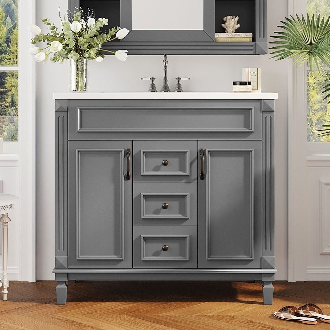 Meuble-lavabo moderne de 36 po avec lavabo supérieur et armoire à miroir, 2 portes et 2 tiroirs