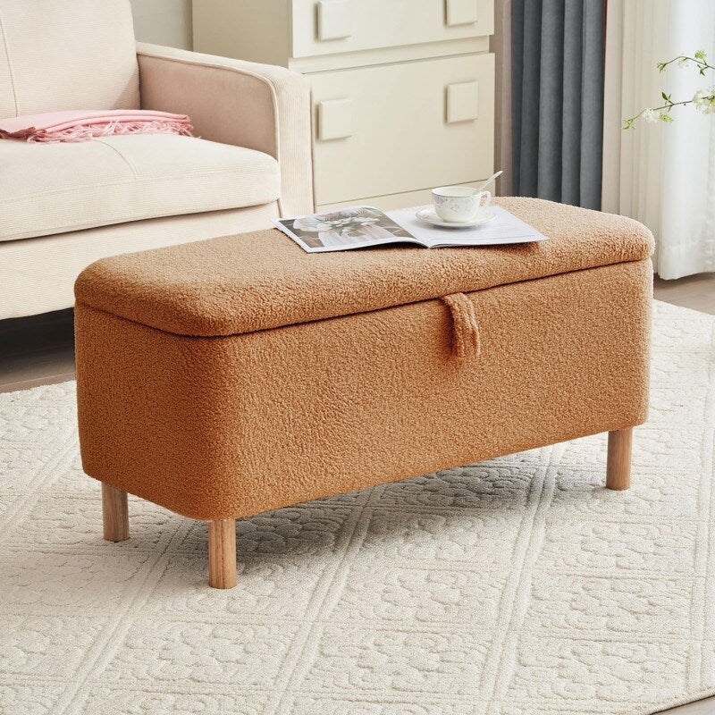 Banc ottoman de rangement en sherpa blanc cassé, repose-pieds, pour salon, chambre à coucher, pieds en bois