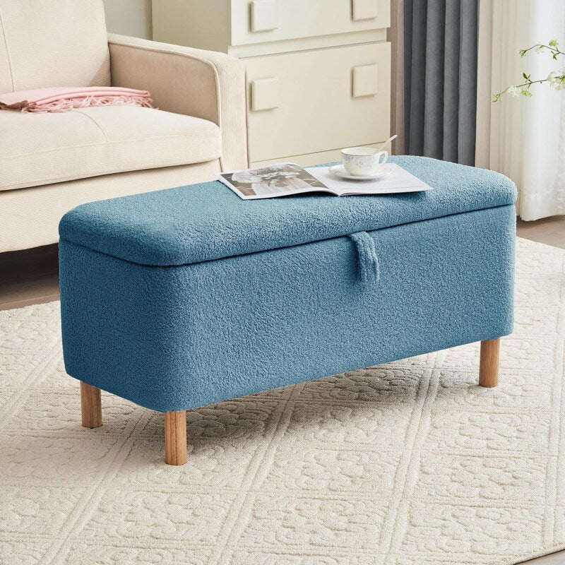 Banc ottoman de rangement en sherpa blanc cassé, repose-pieds, pour salon, chambre à coucher, pieds en bois