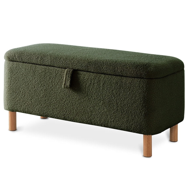 Banc ottoman de rangement en sherpa blanc cassé, repose-pieds, pour salon, chambre à coucher, pieds en bois