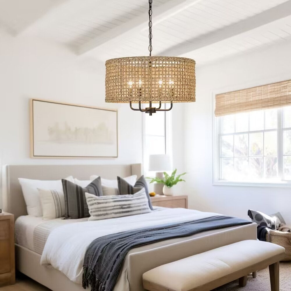 Lustre tambour bohème tissé à la main à 4 lumières - Paille - 20 po de largeur