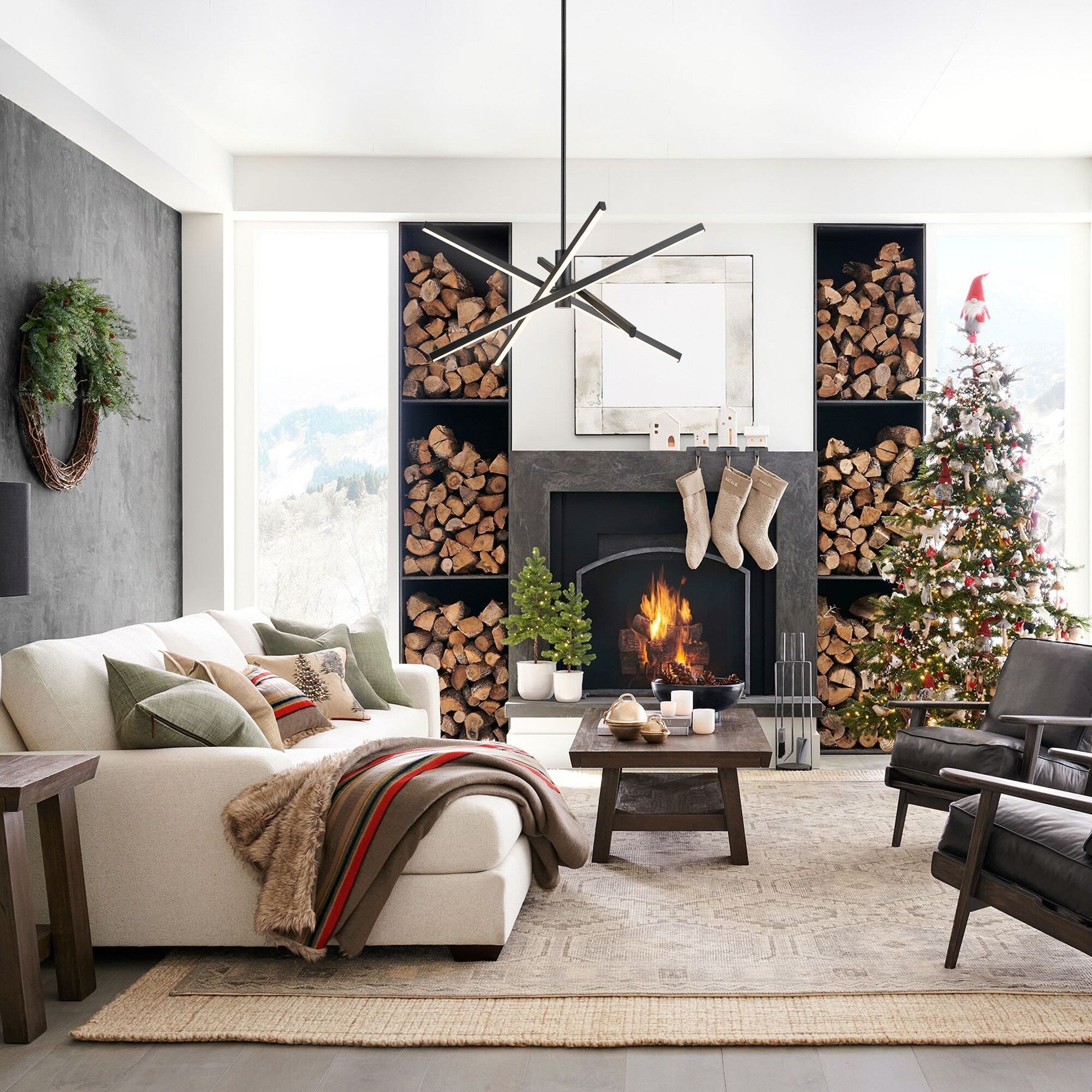 Lustre LED moderne en aluminium noir/doré, plafonnier linéaire Spoutnik pour salon/salle à manger/cuisine