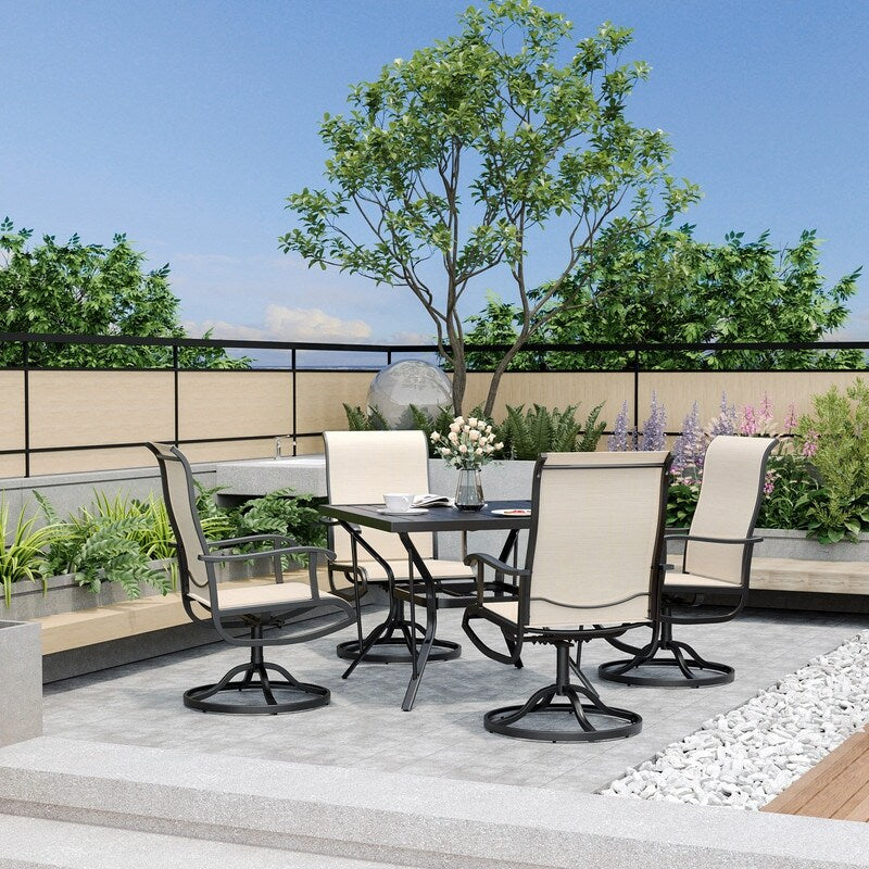 Ensemble de salle à manger d'extérieur en métal 5 pièces avec table carrée et chaises pivotantes en textilène