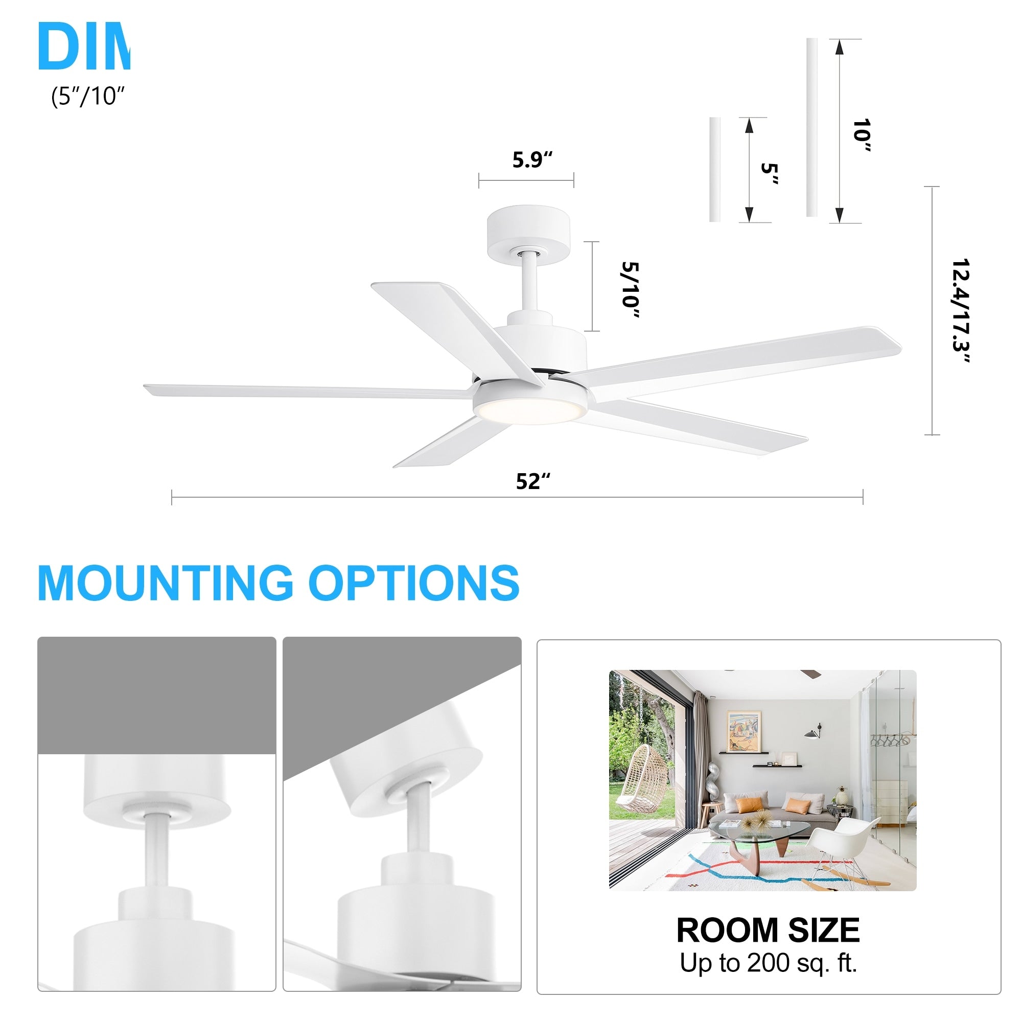 Ventilateur de plafond LED Breezary 65/52/42 à 5 pales avec kit d'éclairage et télécommande