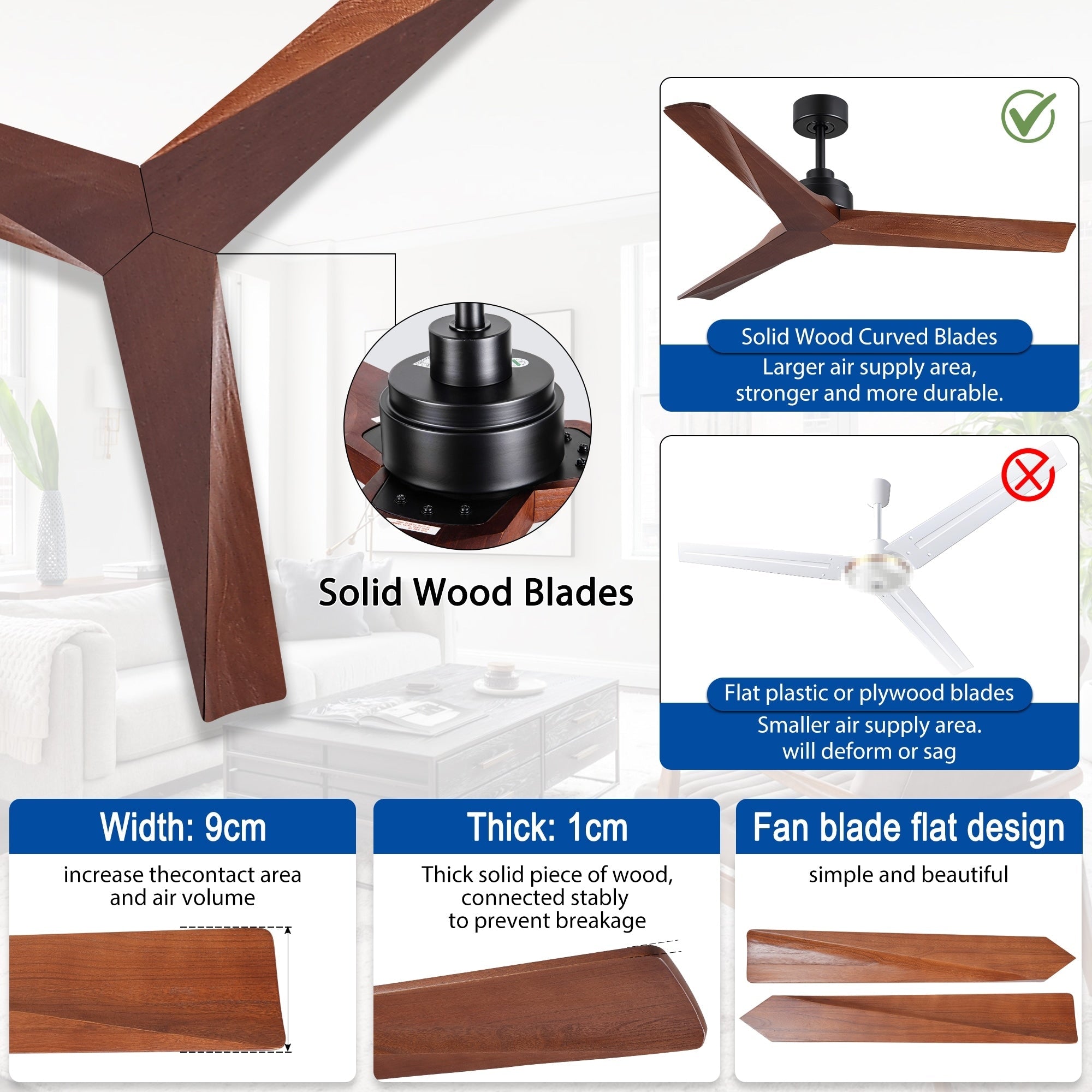 Ventilateur de plafond moderne en bois massif/ABS de 52 pouces avec télécommande (sans lumière), 6 vitesses de vent, flux d'air réversible