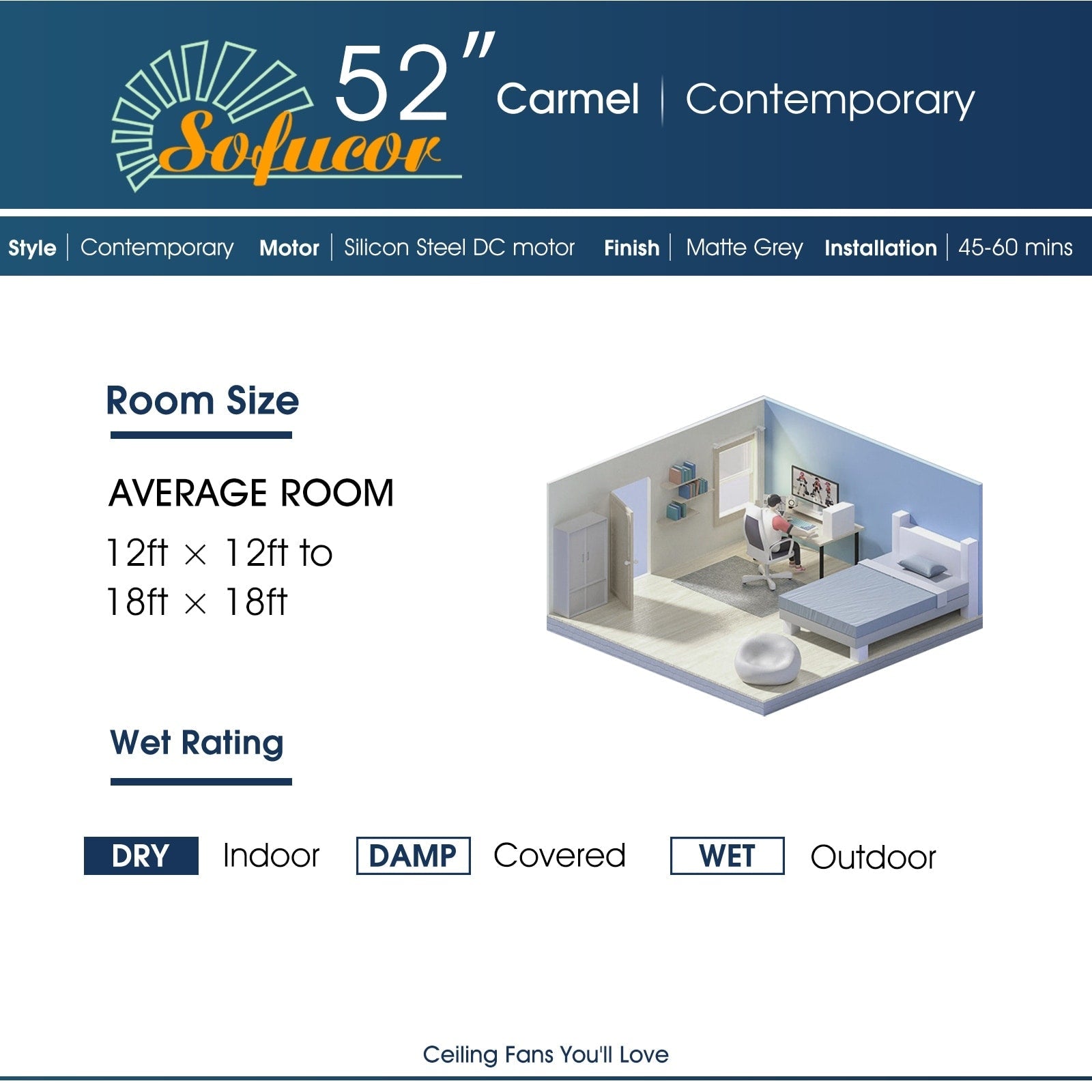 Ventilateur de plafond moderne en bois massif/ABS de 52 pouces avec télécommande (sans lumière), 6 vitesses de vent, flux d'air réversible