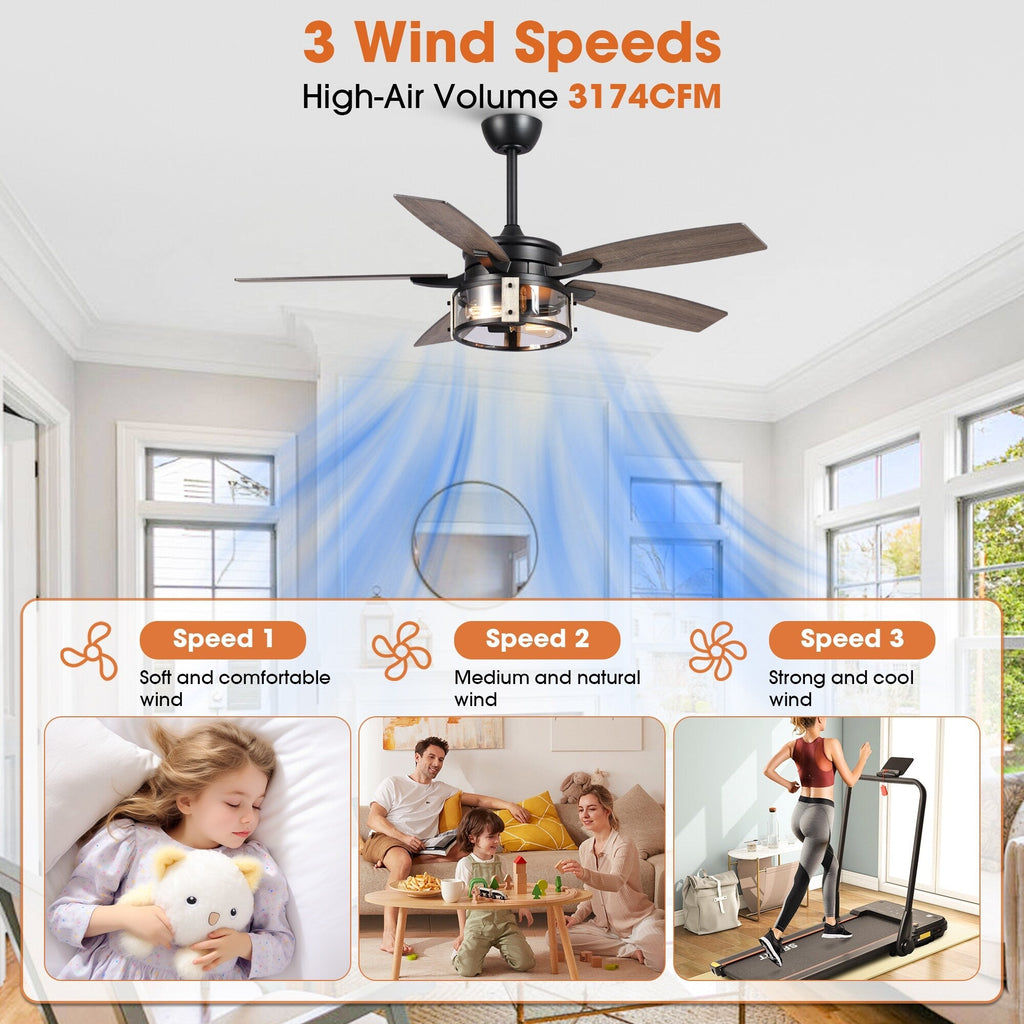 Ventilateur de plafond d'intérieur rustique en bois noir à 5 pales avec télécommande