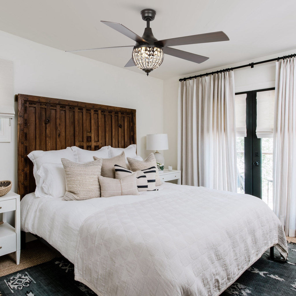 Ventilateur de plafond industriel en bois noir à 5 pales et cristal avec télécommande