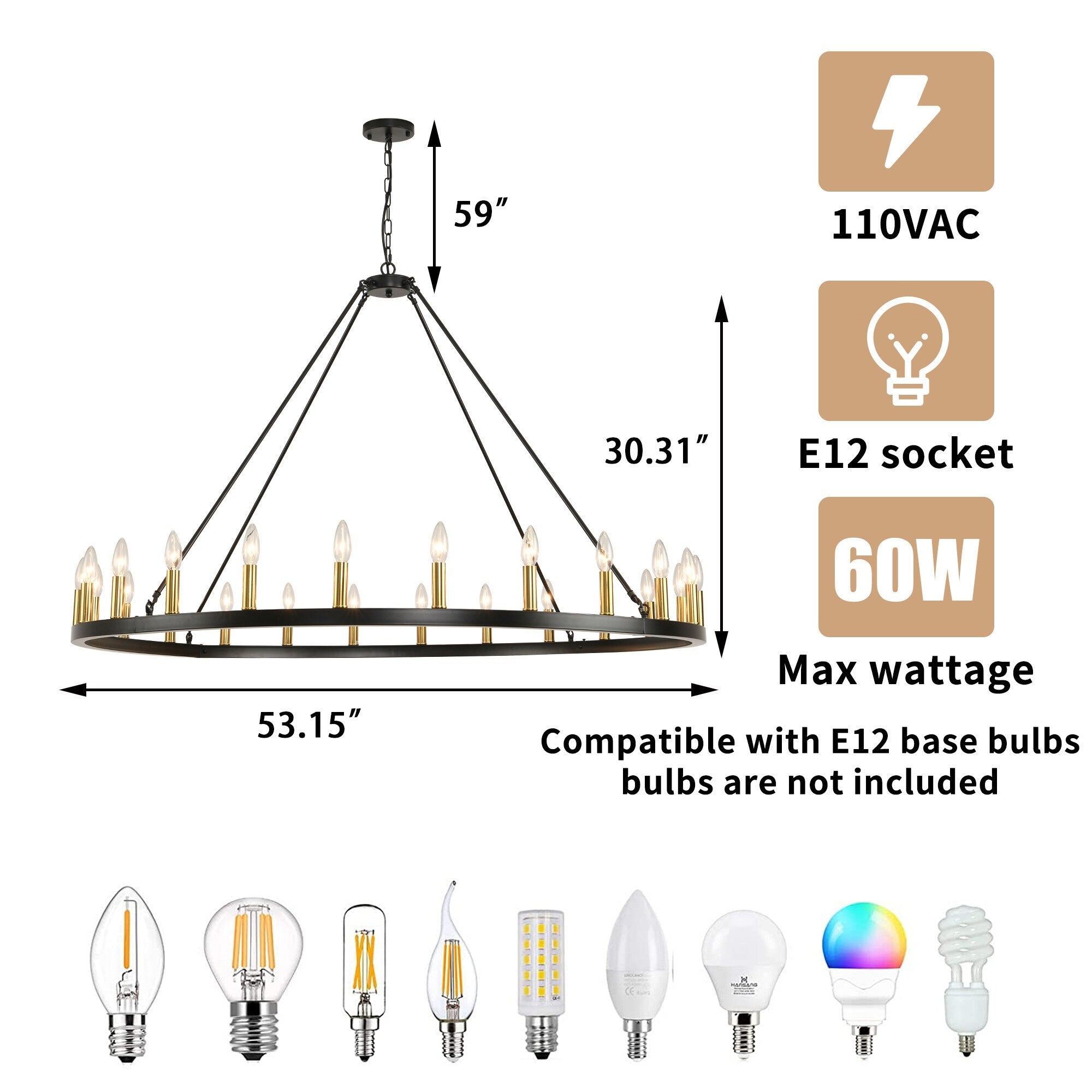 Lustre rond à 24 lumières en forme de roue de chariot de 54 pouces