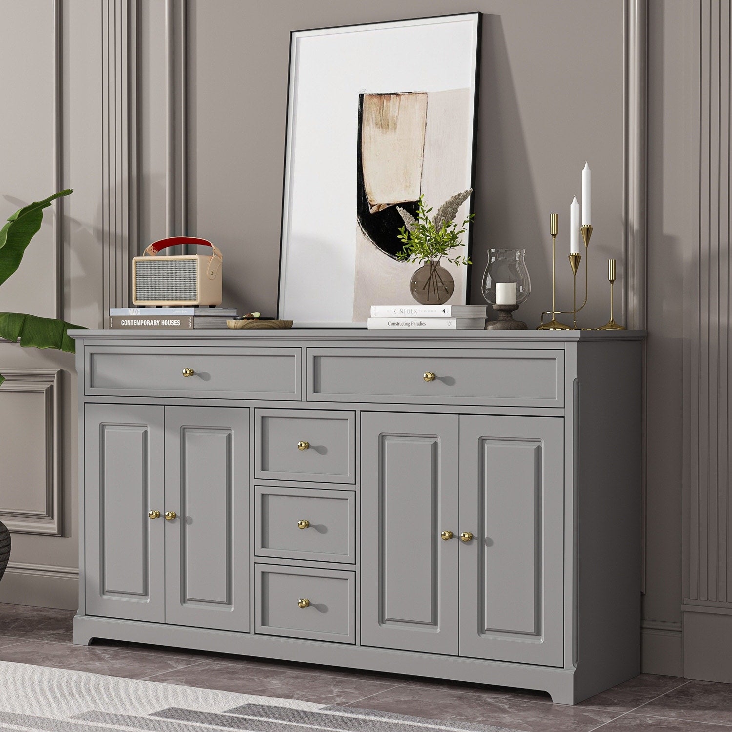 Buffet blanc laqué de 59,1 pouces, style contemporain et moderne du milieu du siècle