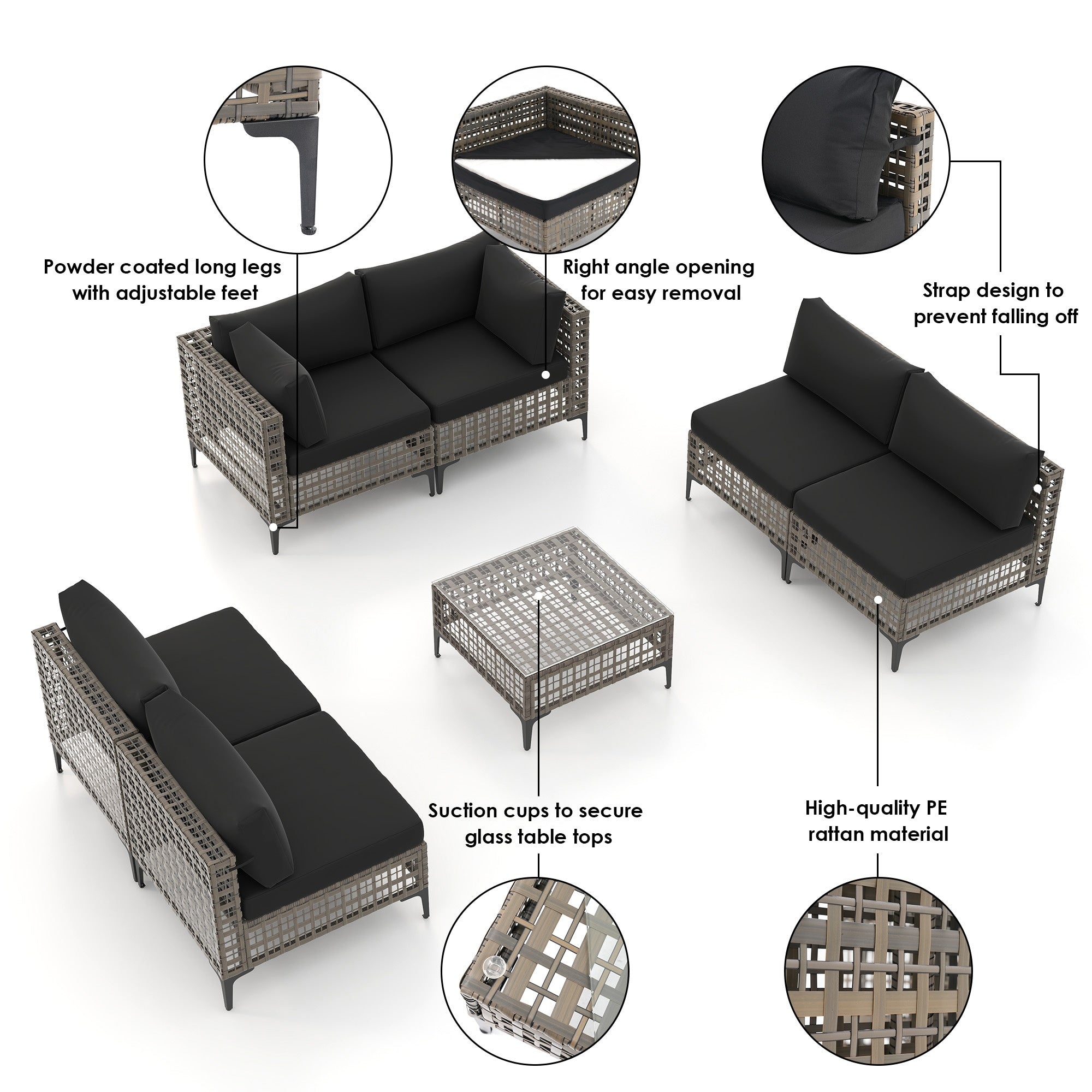 Ensemble de sièges d'extérieur sectionnels pour 6 personnes avec coussins