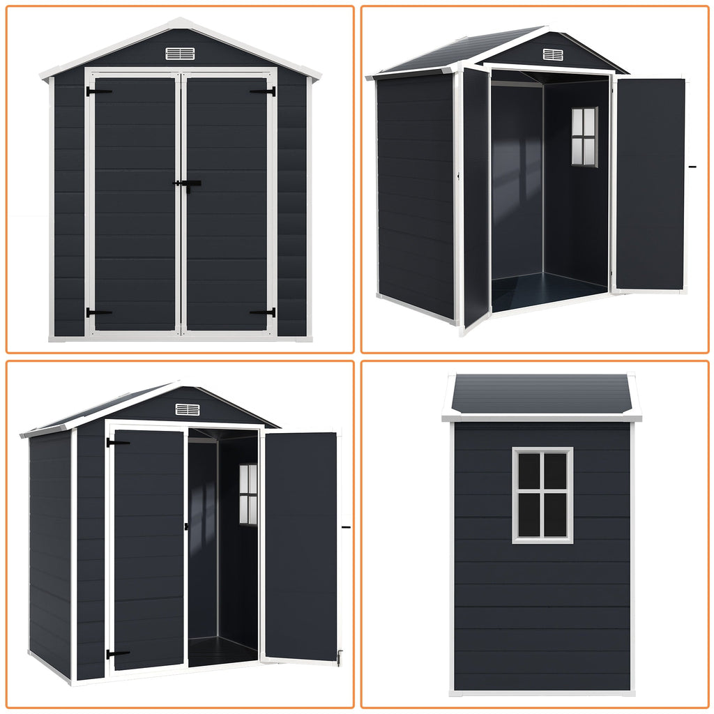 Abri de rangement extérieur en plastique et résine toutes saisons de 6 pi x 4 pi/6 pi x 8 pi/8 pi x 6 pi/8 pi x 10 pi avec plancher, abri à outils Spire