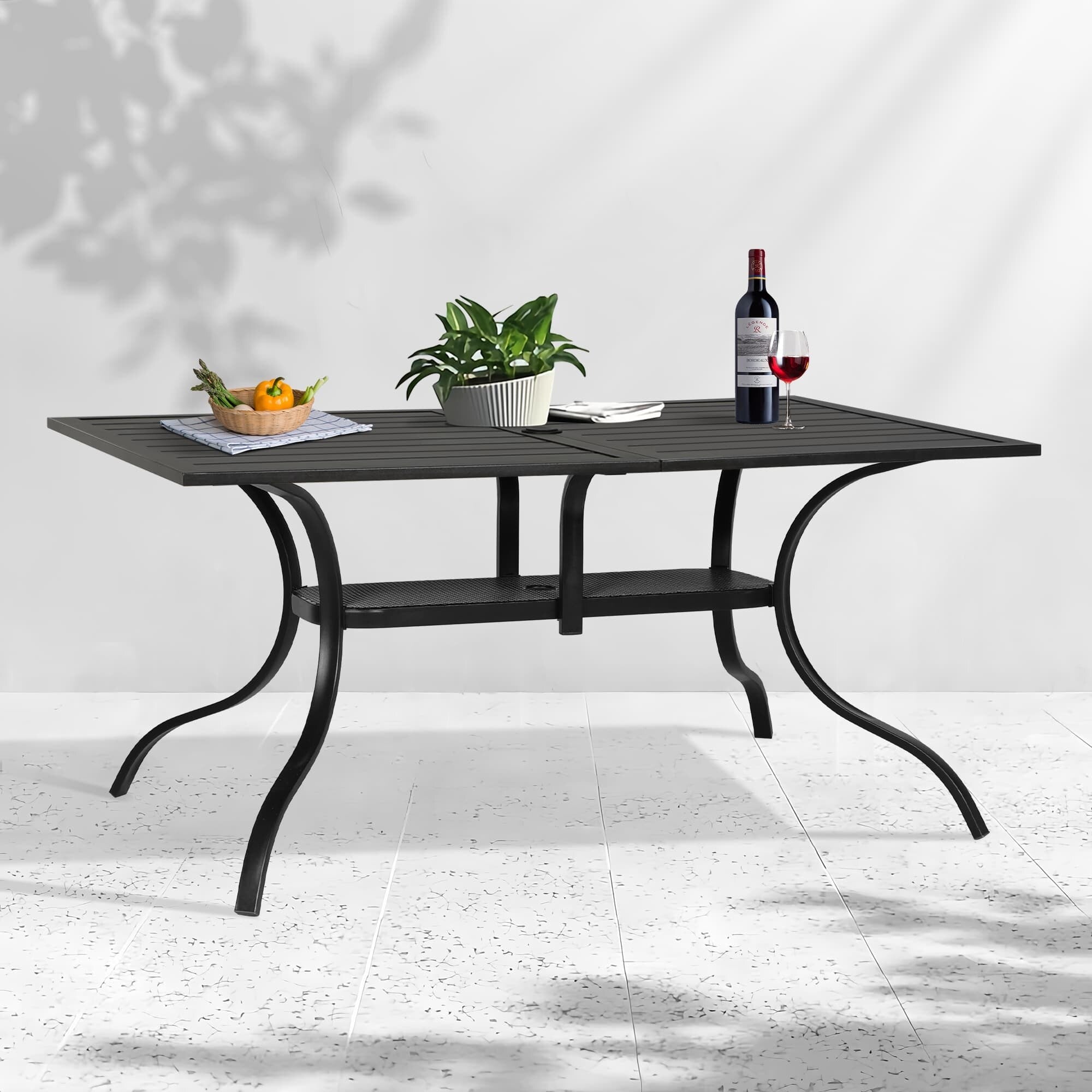 Table à manger rectangulaire en métal pour patio extérieur 60 x 37 avec trou pour parasol pour 6 personnes