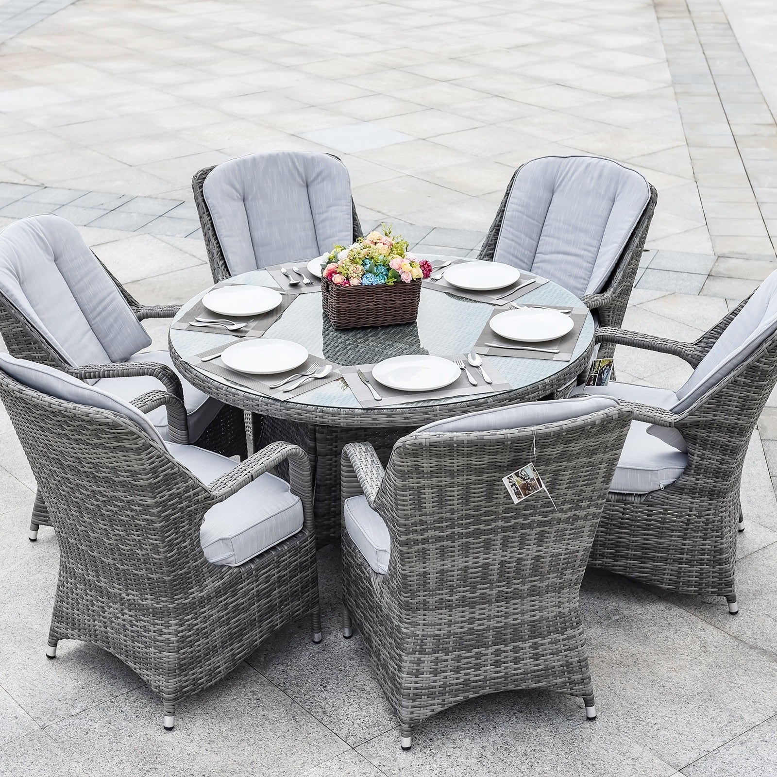 Ensemble de salle à manger rond en rotin et osier pour patio extérieur 7 pièces avec coussins par Moda Furnishings