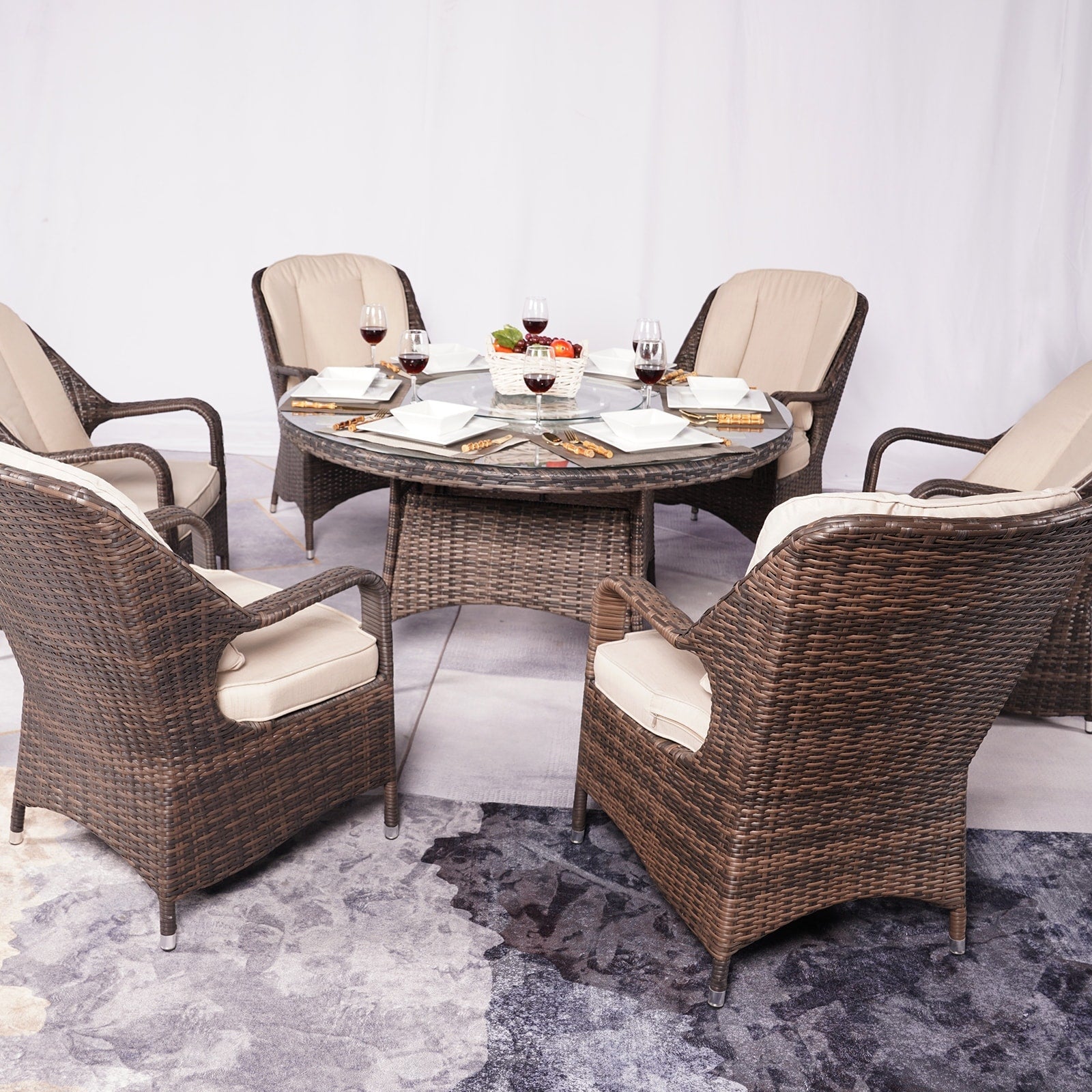 Ensemble de salle à manger rond en rotin et osier pour patio extérieur 7 pièces avec coussins par Moda Furnishings
