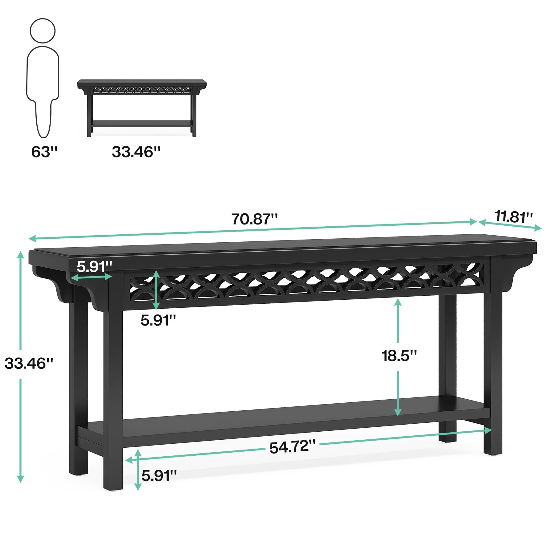 Table console longue en bois massif de style ferme de 70,8 pouces, table de canapé