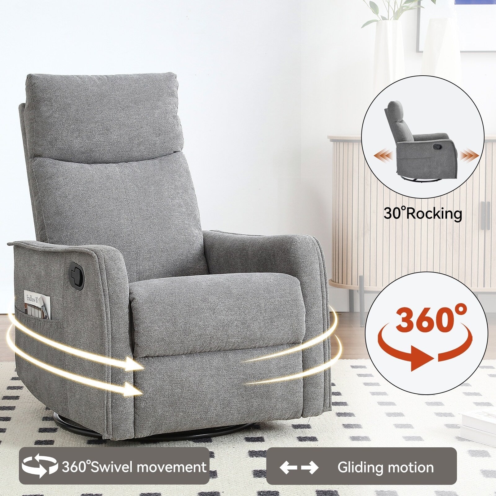 Fauteuil inclinable manuel à 8 points de massage, fauteuil à bascule pivotant en tissu, fauteuil simple avec bascule et chauffage lombaire