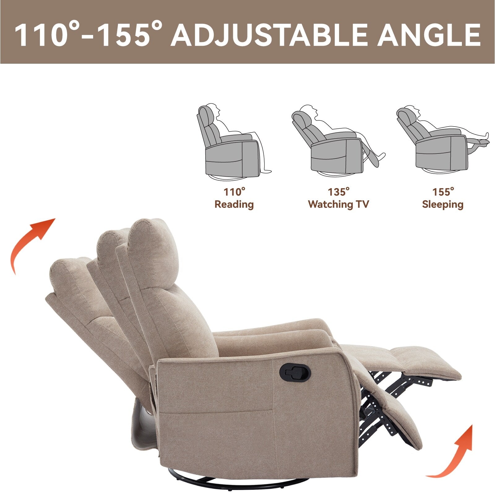 Fauteuil inclinable manuel à 8 points de massage, fauteuil à bascule pivotant en tissu, fauteuil simple avec bascule et chauffage lombaire