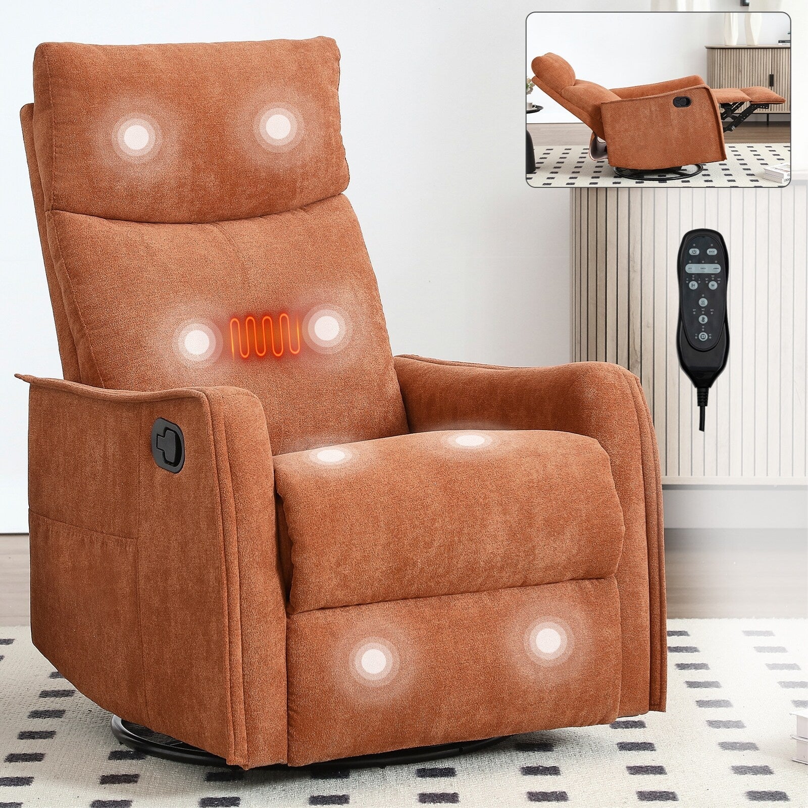 Fauteuil inclinable manuel à 8 points de massage, fauteuil à bascule pivotant en tissu, fauteuil simple avec bascule et chauffage lombaire
