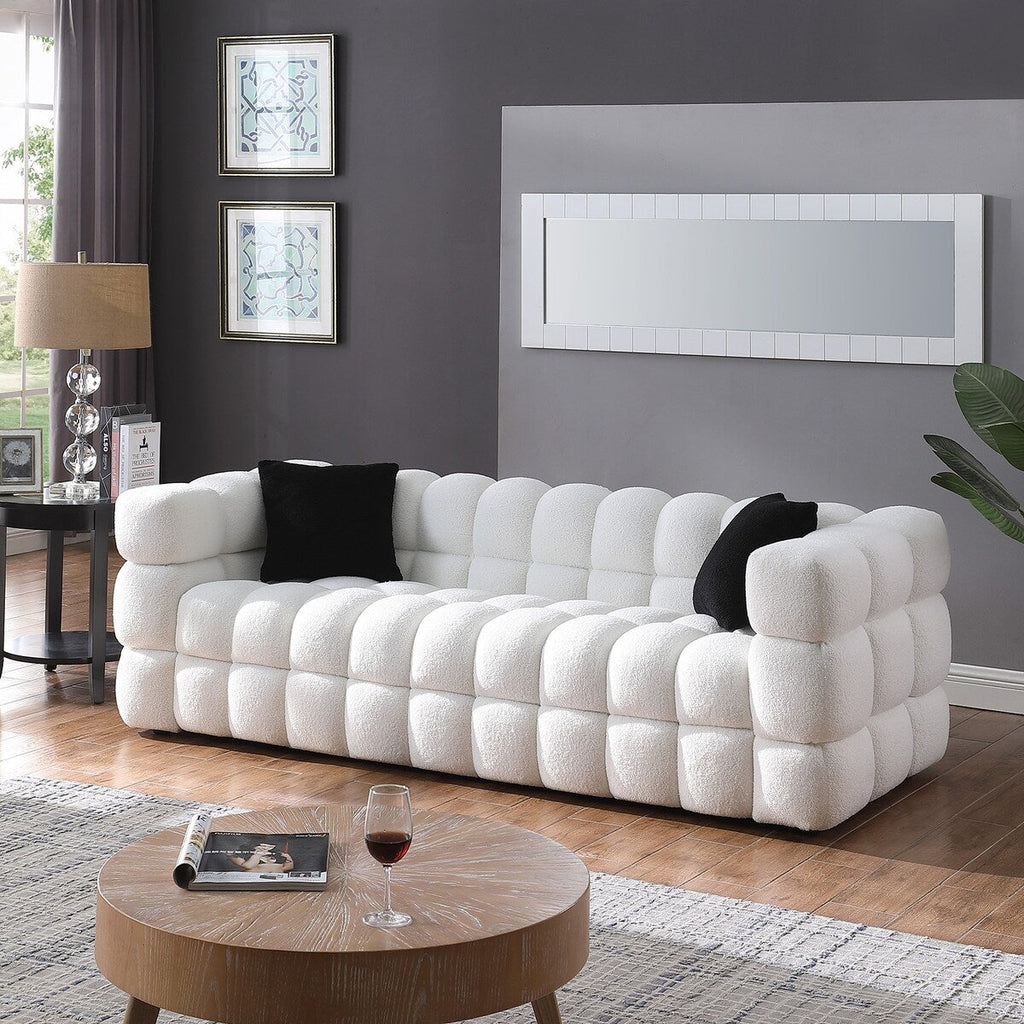 84.3 Luxueux grand canapé Boucle 3 places rembourré Marshmallow avec 2 coussins décoratifs carrés et accoudoir carré