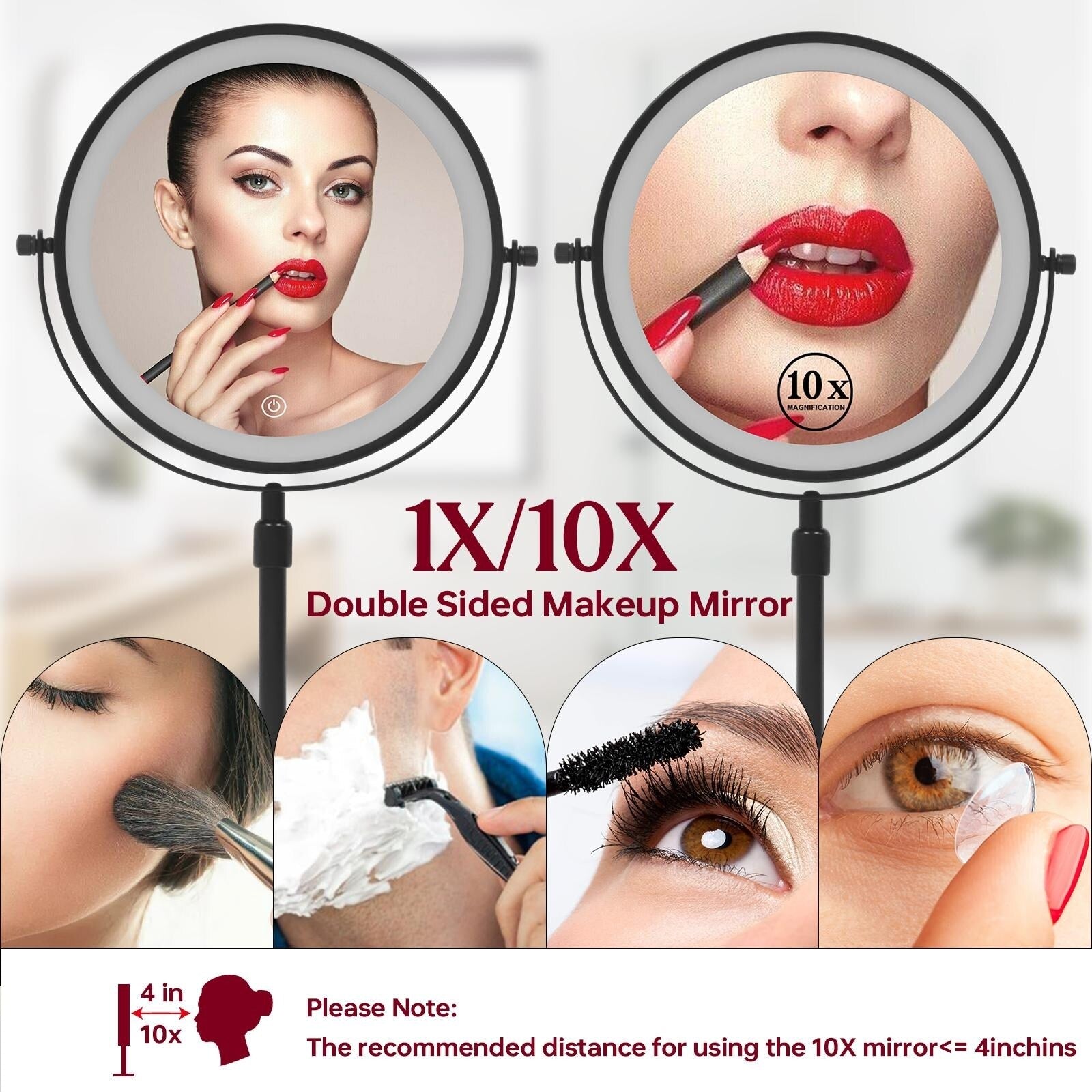 Miroir de maquillage éclairé à 9 LED, miroir grossissant double face avec grossissement 1X/10x, 3 couleurs d'éclairage