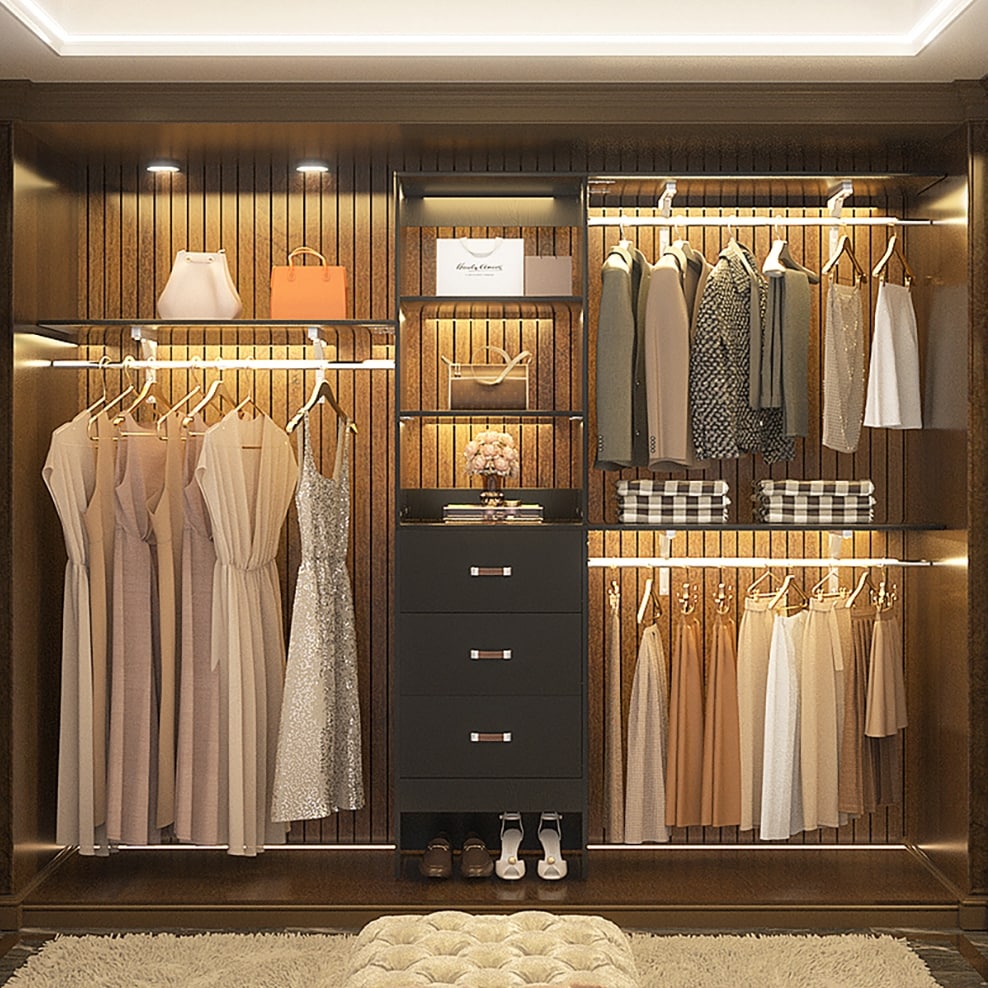 Rackcog Organiseur de placard réglable de 120 pouces avec tiroirs, système de placard avec étagères de bricolage pour placards et dressings