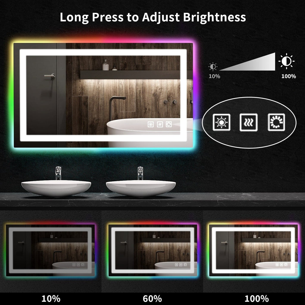 Miroir de salle de bain antibuée rétroéclairé RVB et à éclairage frontal LED